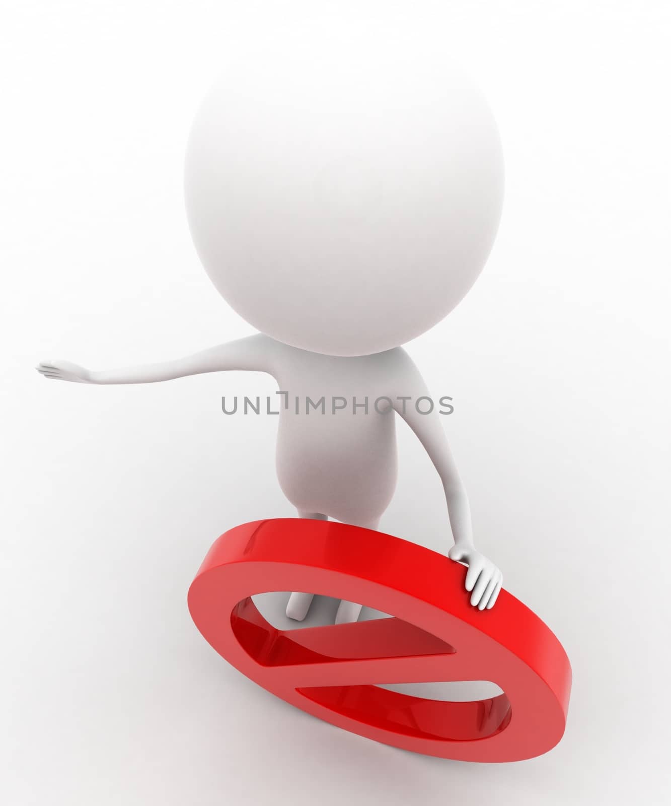 3d  man holding red stop sign concept on white isolated background  , top angle view 