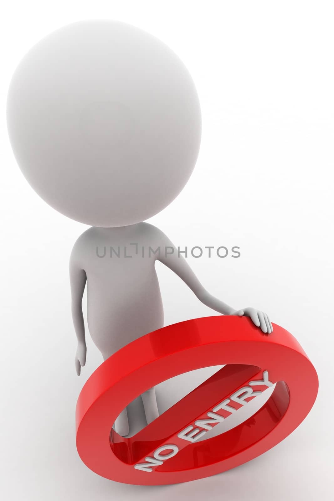 3d  man holding no entry - red stop sign concept on white isolated background  , top angle view 