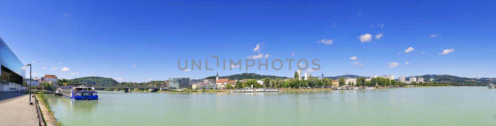 Panorama of Linz with the river Danube in Austria with free space