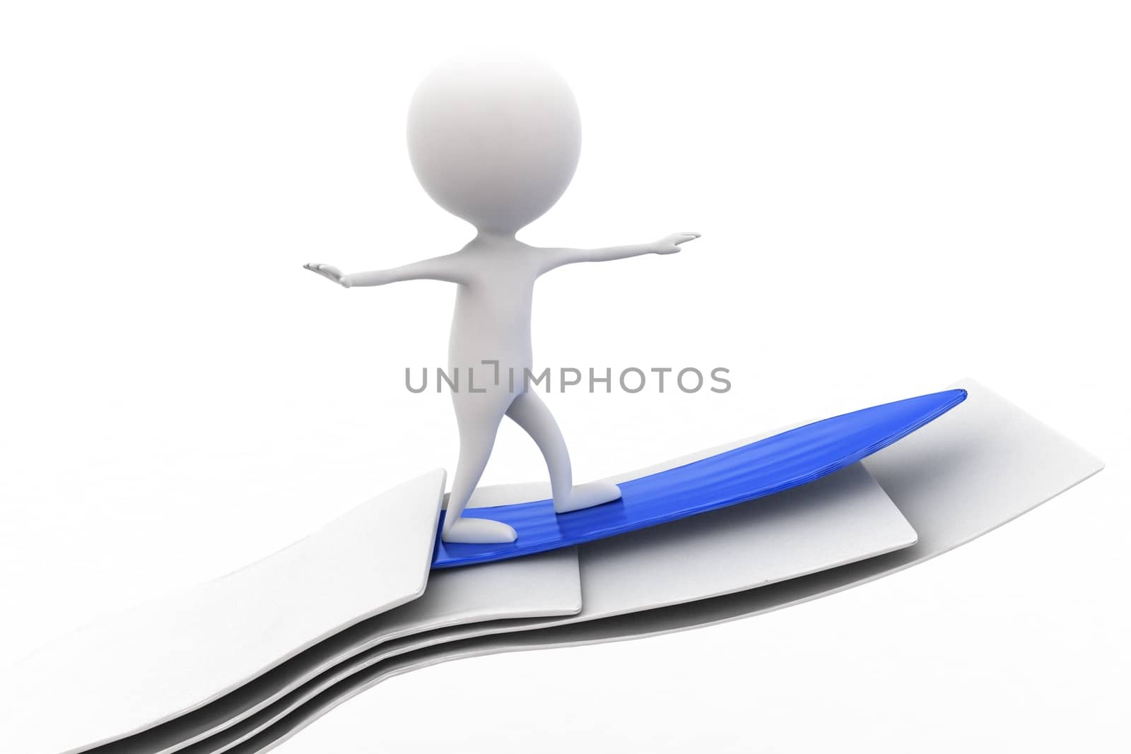 3d man surfing on paper concept  on white isolated background  , side angle view 