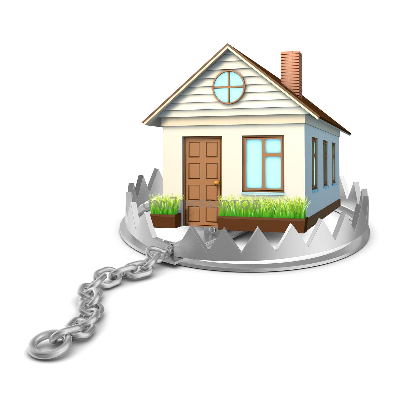 House in bear trap on isolated white background, close-up view