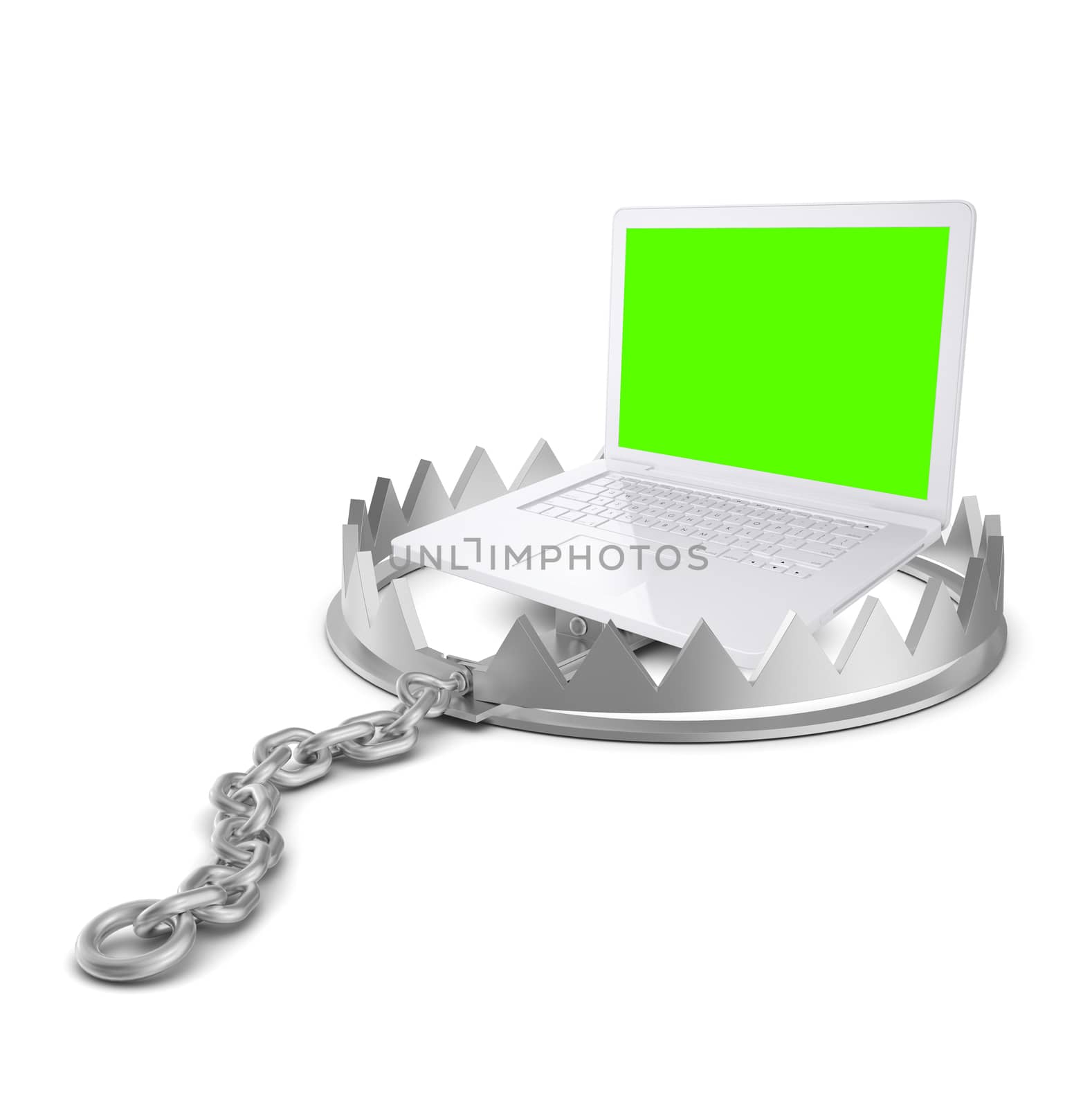 Laptop in bear trap on isolated white background, close-up view