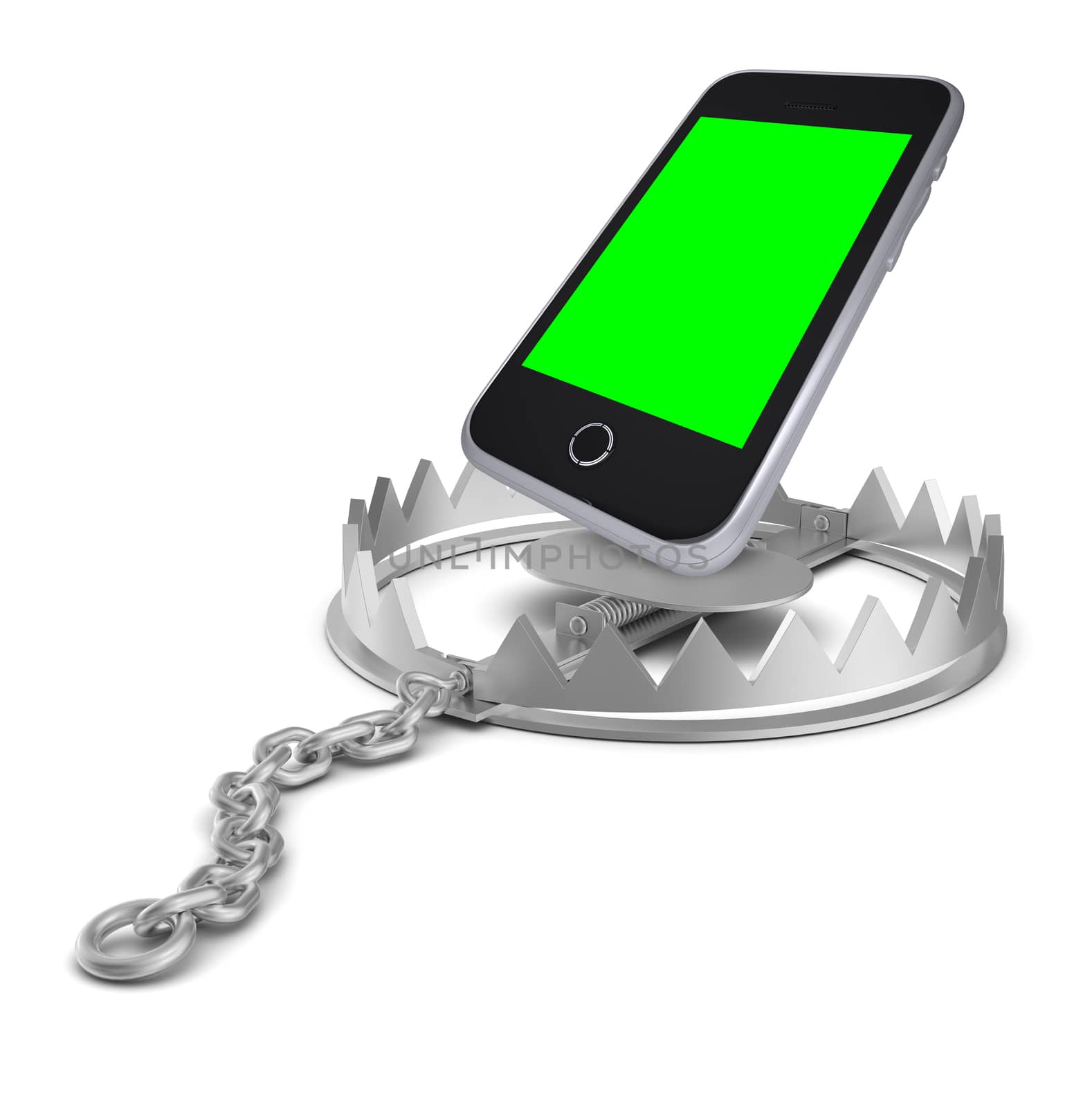 Smartphone in bear trap on isolated white background, close-up view