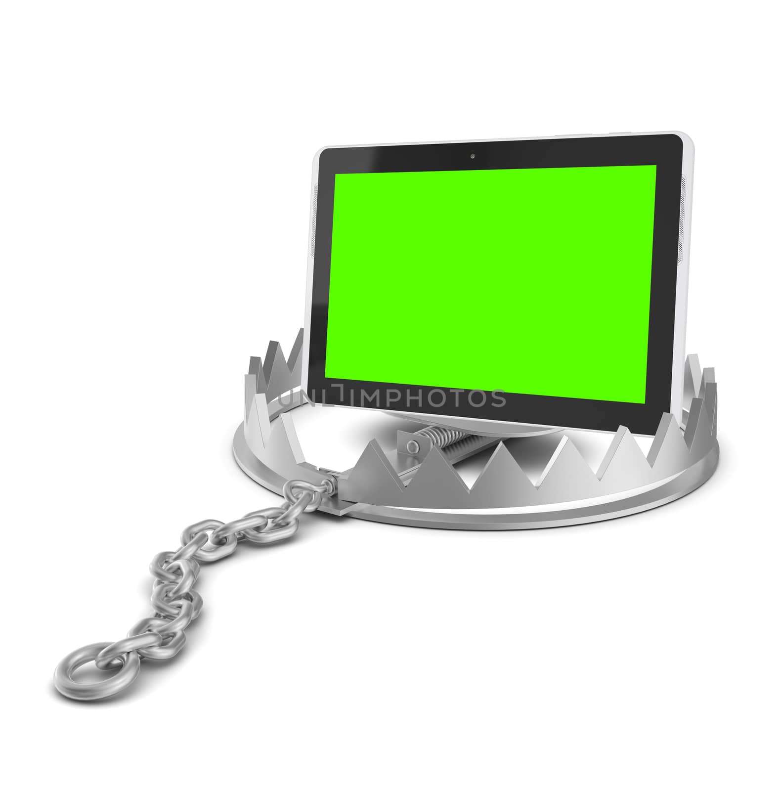 Tablet in bear trap on isolated white background, close-up view