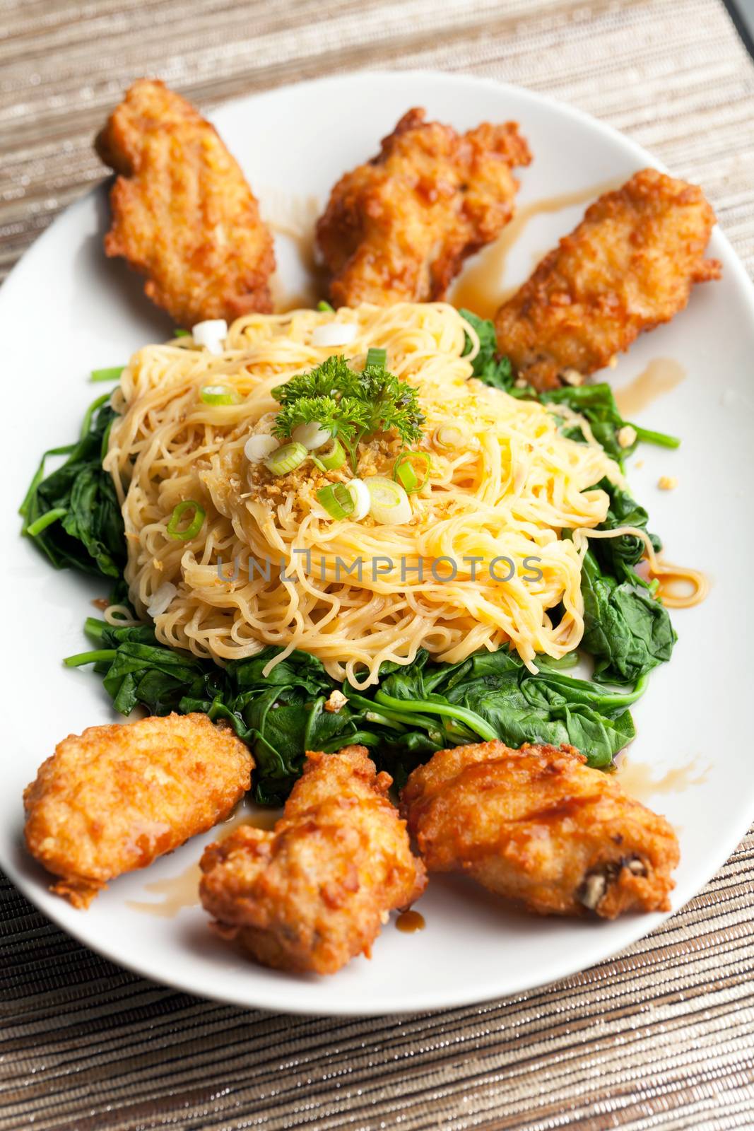 Chicken Wings with Noodles and Spinach by graficallyminded