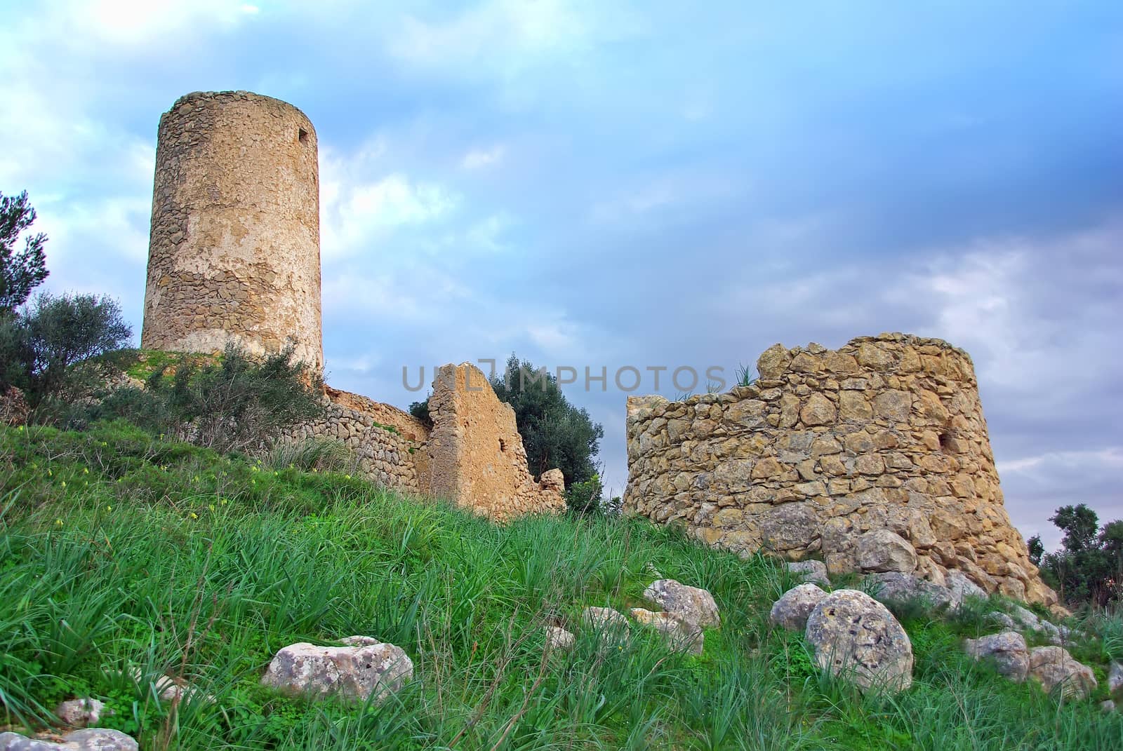 Ancient windmill ruins in the countryside of Majorca