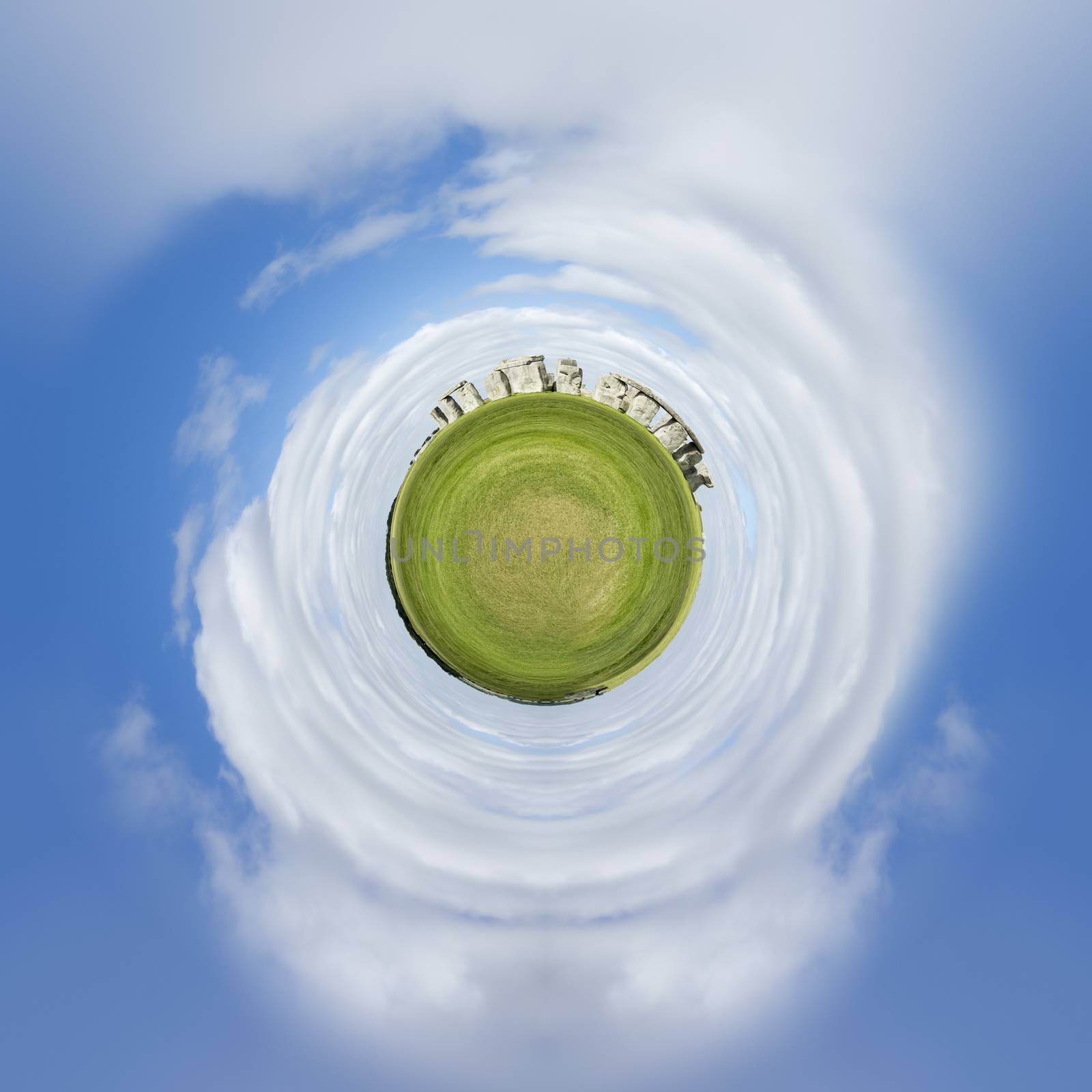 An image of a tiny planet Stonehenge