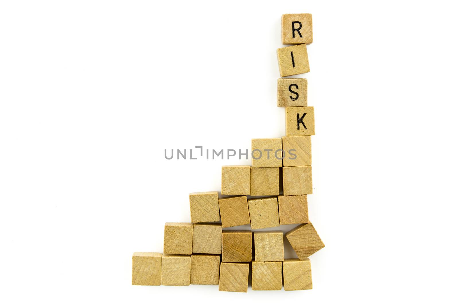 RISK word wooden alphabet blocks on white background from top view