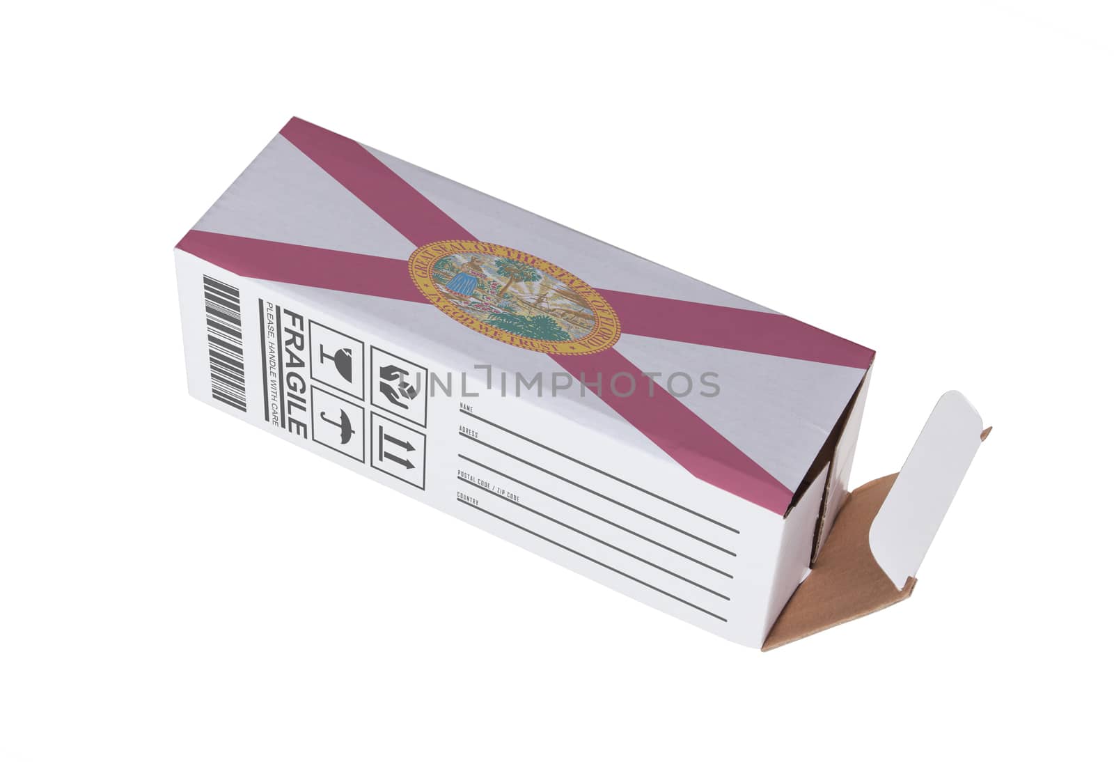 Concept of export, opened paper box - Product of Florida