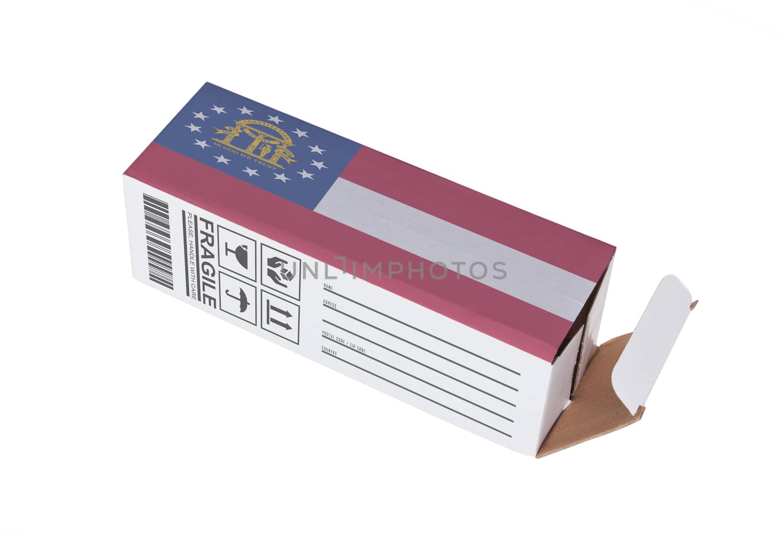 Concept of export, opened paper box - Product of Georgia