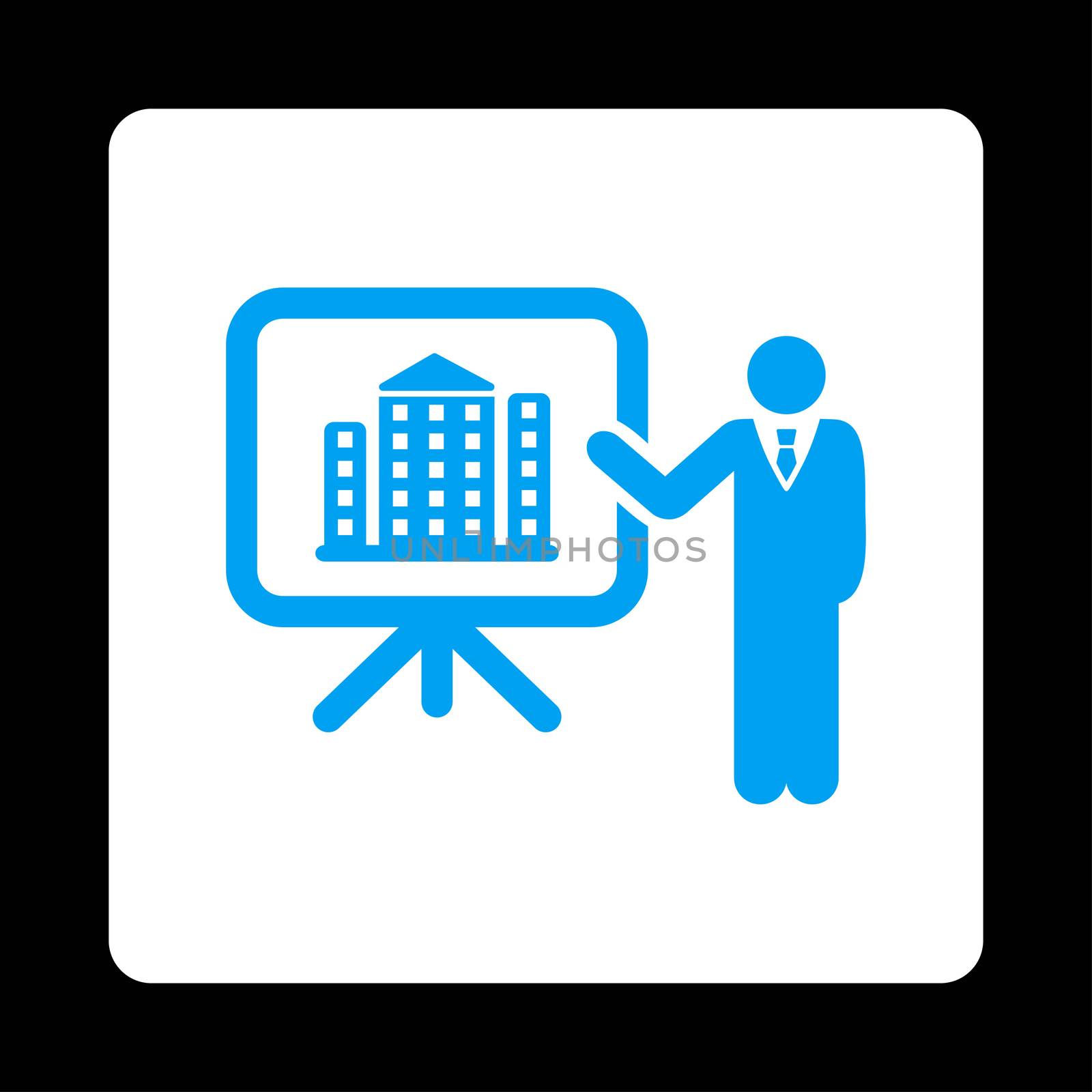 Home project icon. Glyph style is blue and white colors, flat rounded square button on a black background.