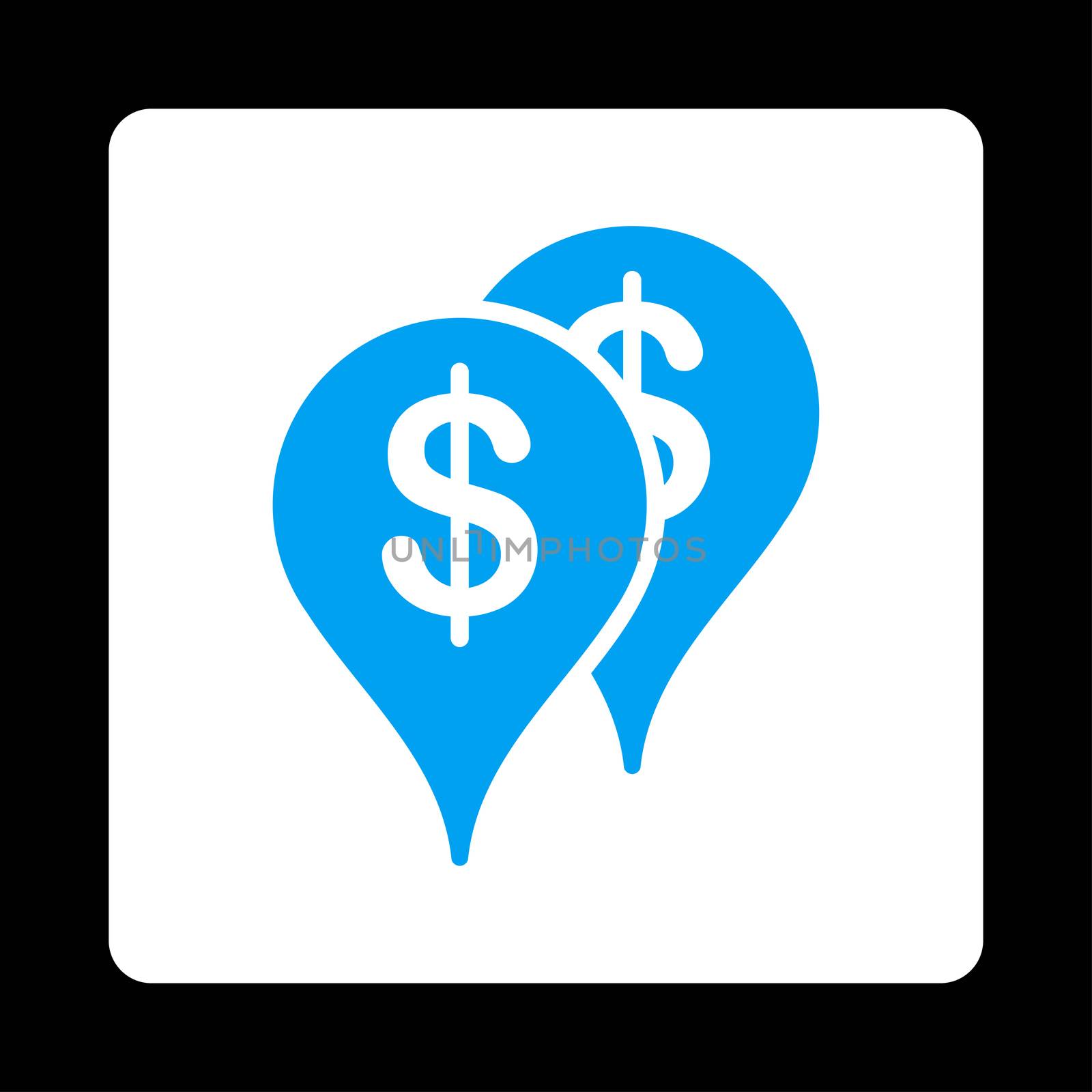 Bank locations icon. Glyph style is blue and white colors, flat rounded square button on a black background.