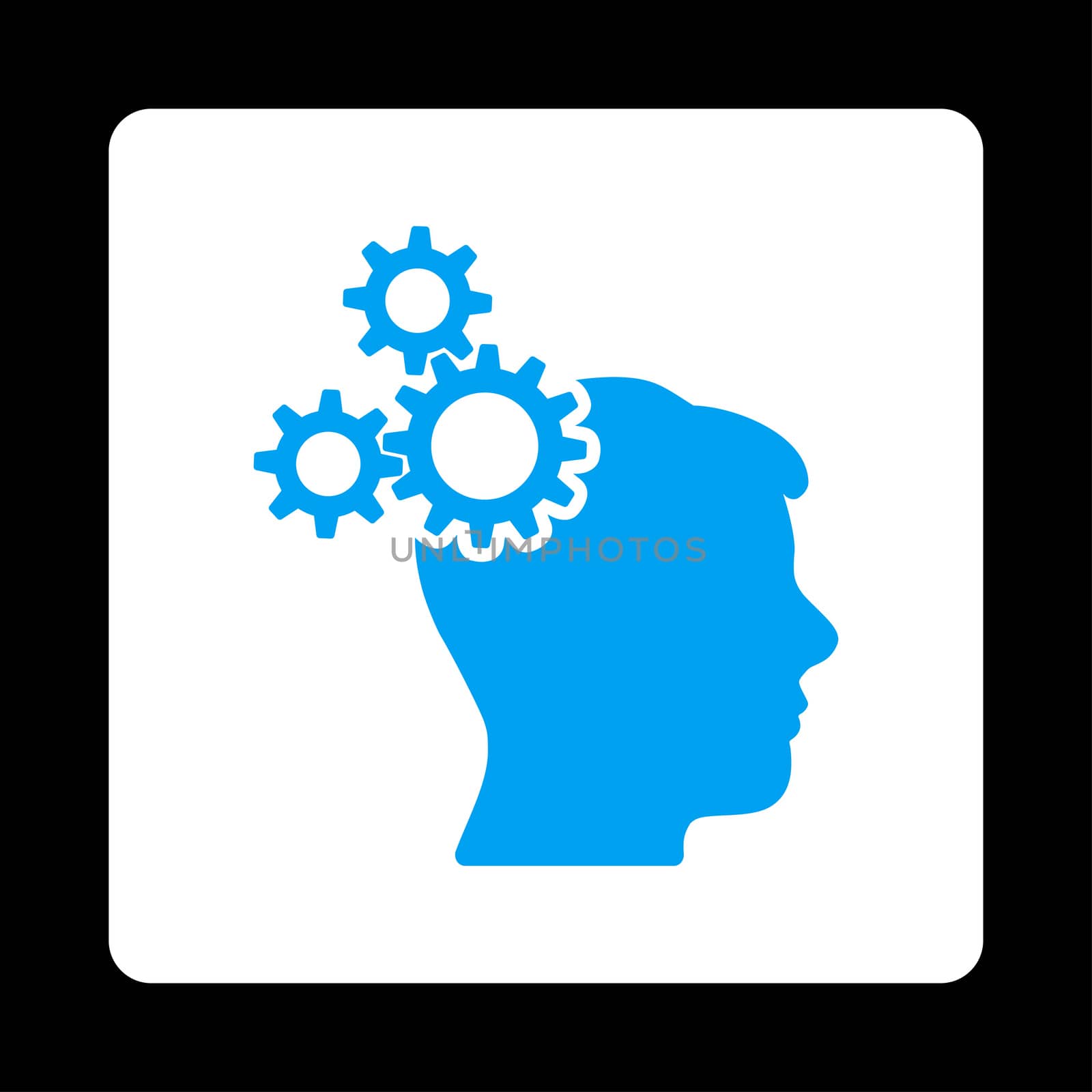 Business idea icon. Glyph style is blue and white colors, flat rounded square button on a black background.