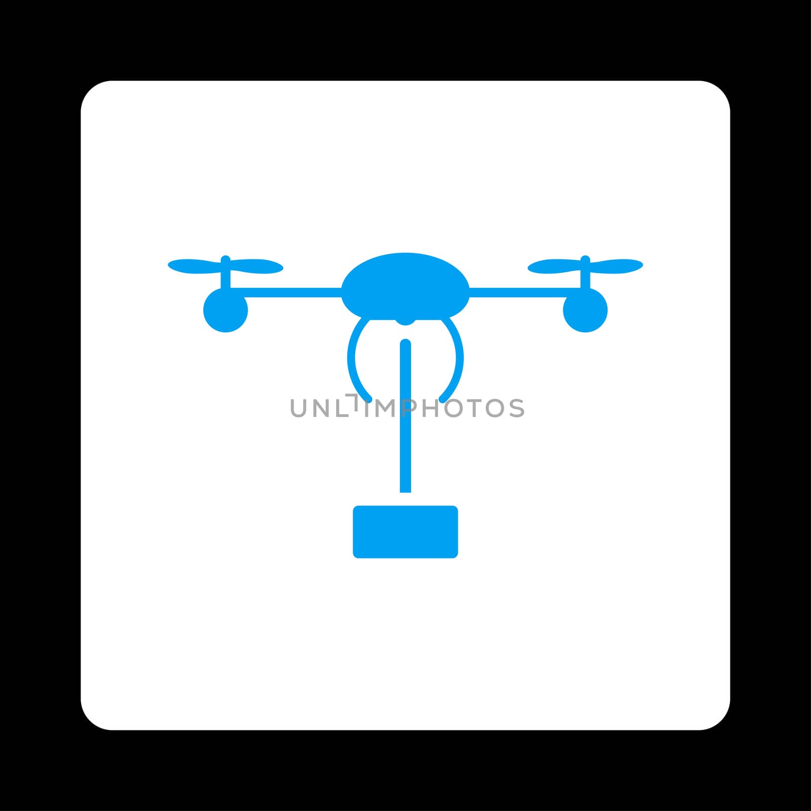 Copter shipment icon. Glyph style is blue and white colors, flat rounded square button on a black background.