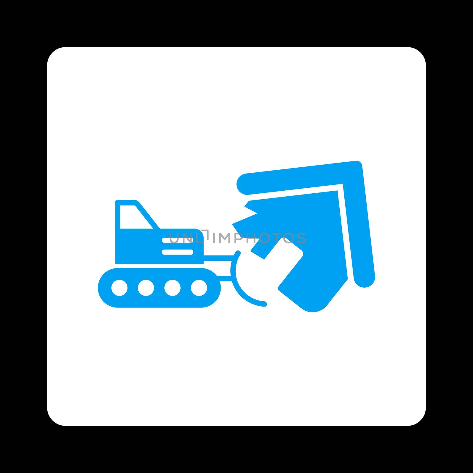 Demolition icon. Glyph style is blue and white colors, flat rounded square button on a black background.