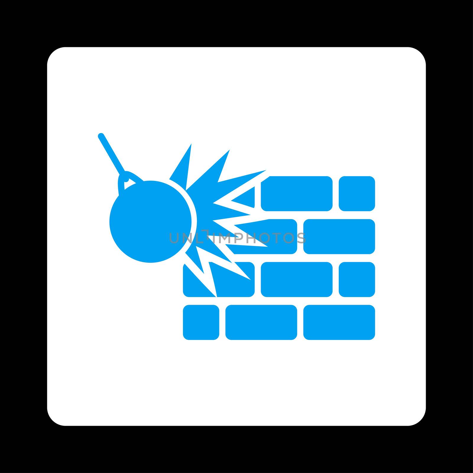 Destruction icon. Glyph style is blue and white colors, flat rounded square button on a black background.
