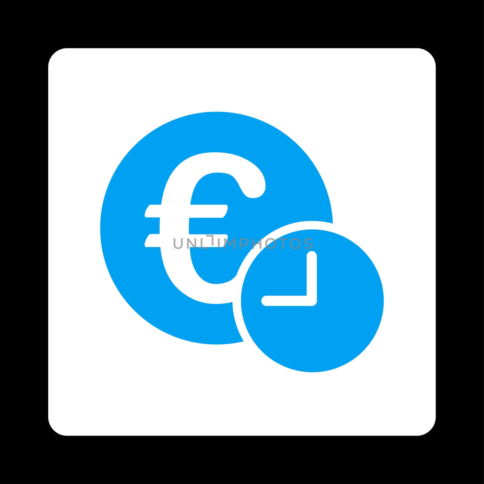 Euro credit icon. Glyph style is blue and white colors, flat rounded square button on a black background.