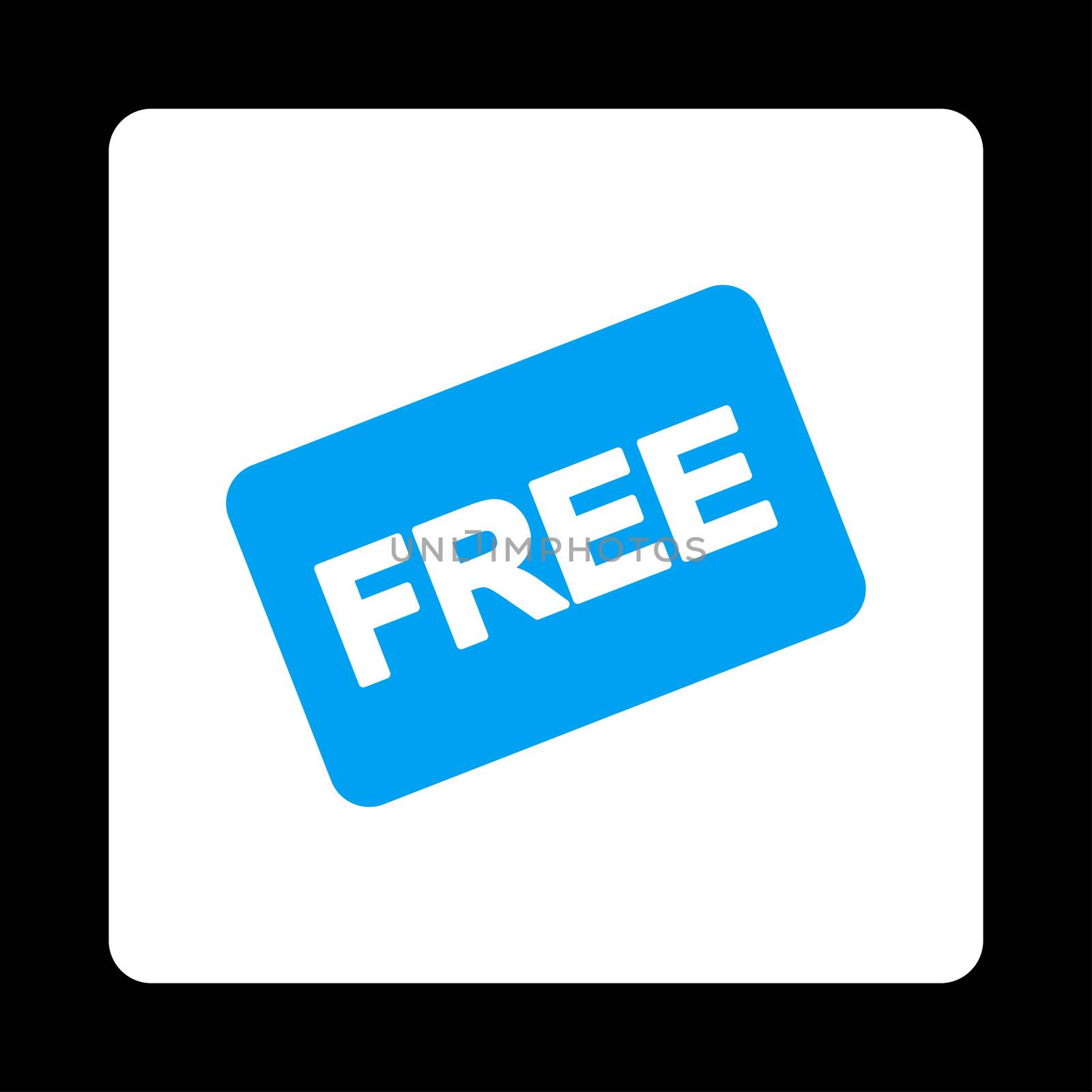 Free card icon. Glyph style is blue and white colors, flat rounded square button on a black background.
