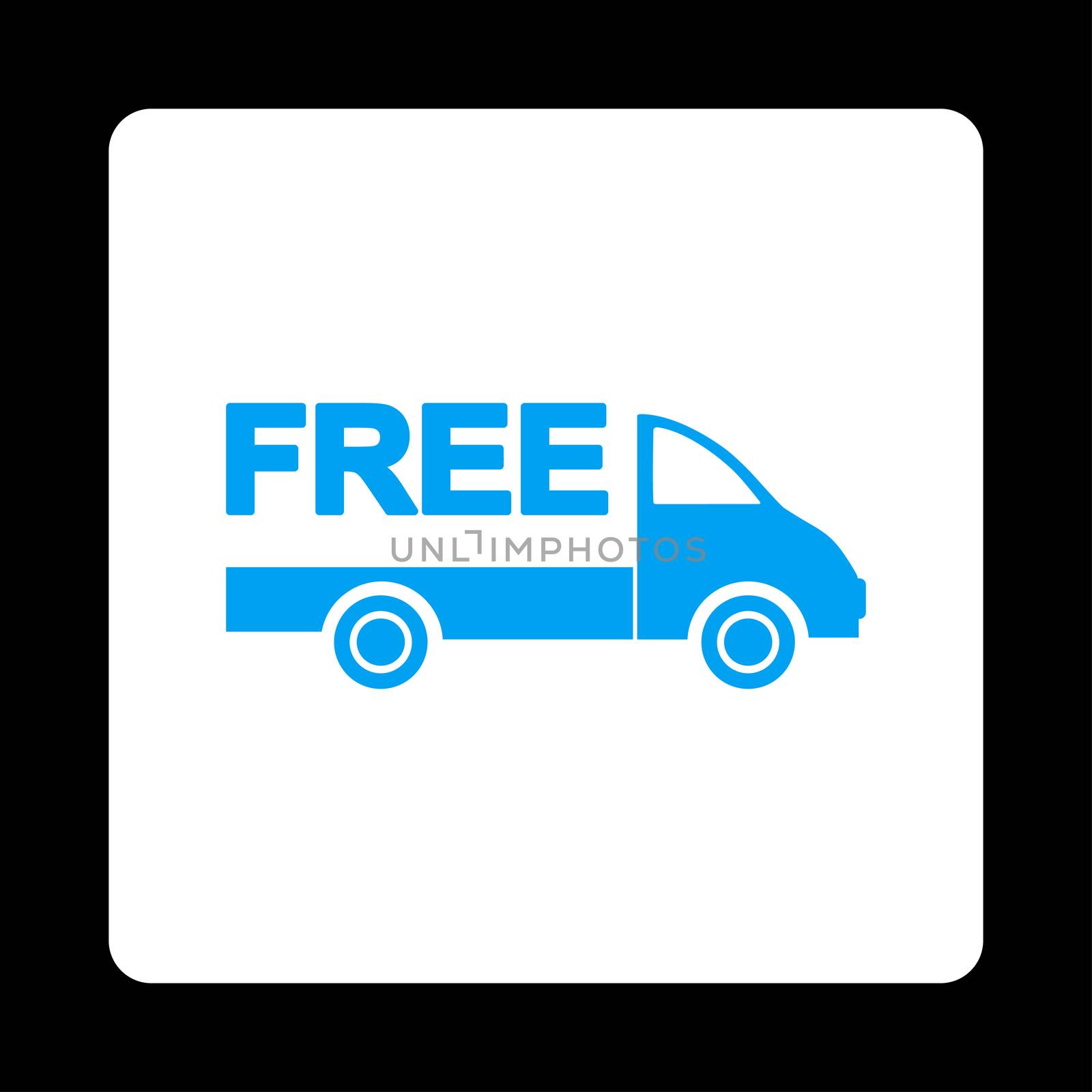 Free delivery icon. Glyph style is blue and white colors, flat rounded square button on a black background.