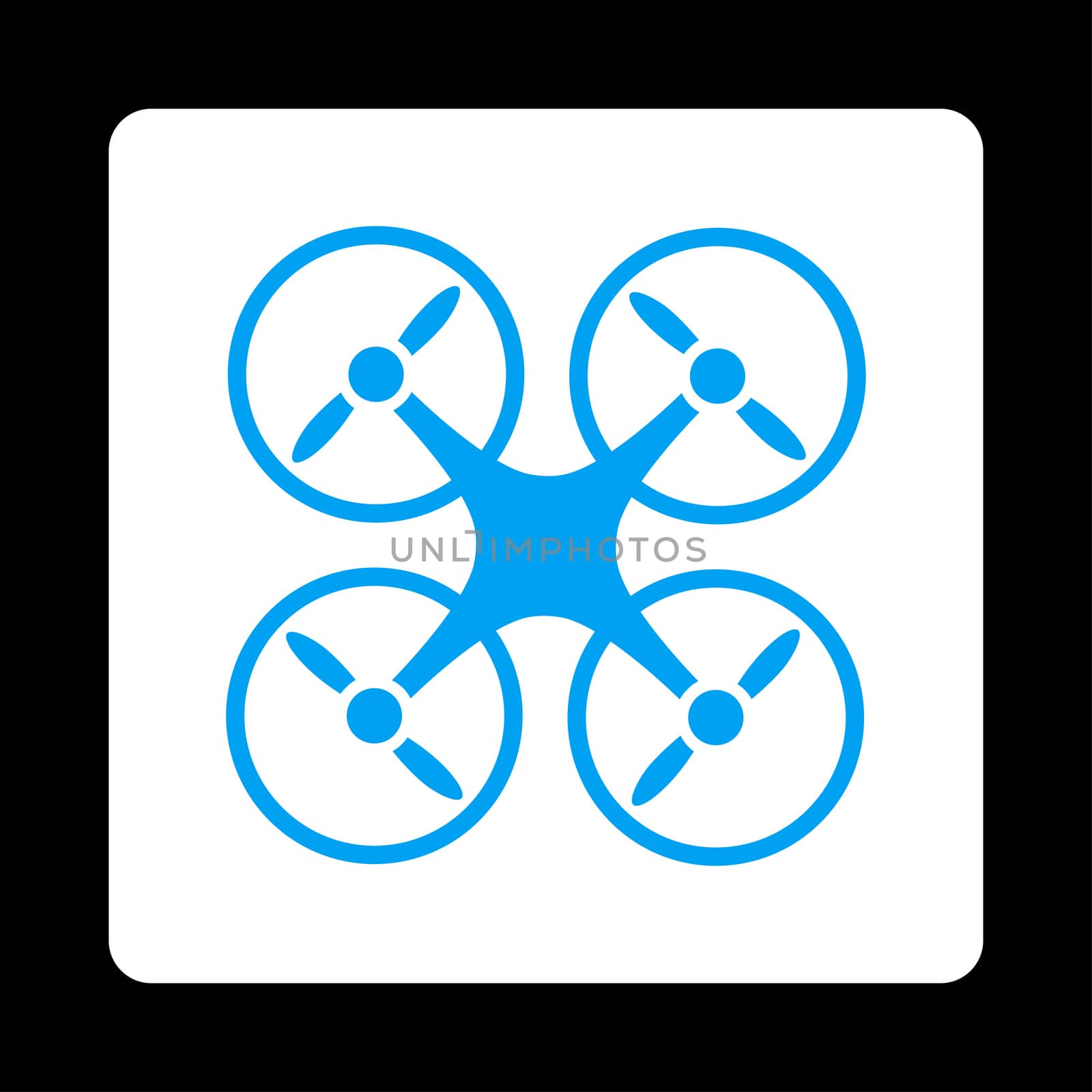 Nanocopter icon. Glyph style is blue and white colors, flat rounded square button on a black background.