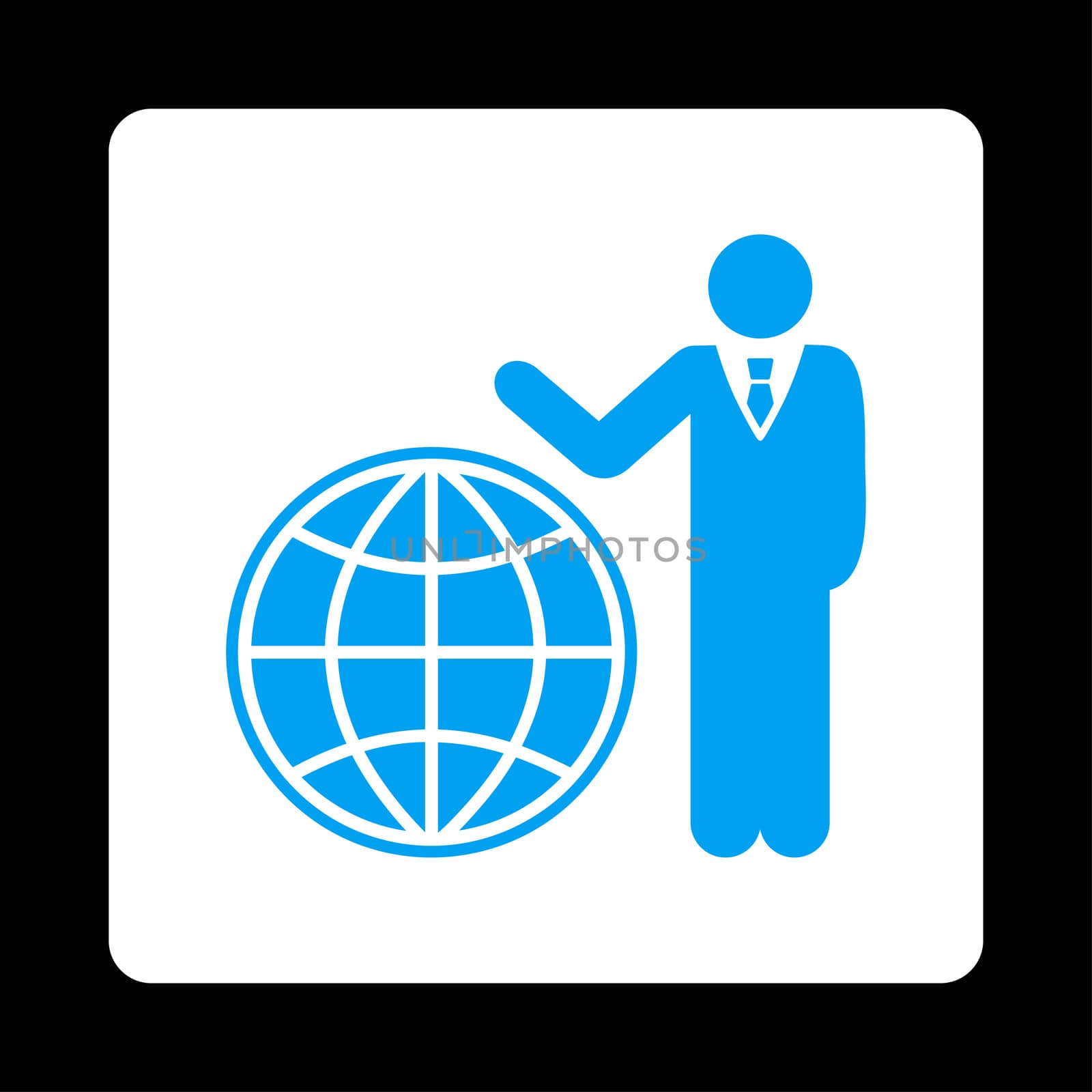 Planetary icon. Glyph style is blue and white colors, flat rounded square button on a black background.