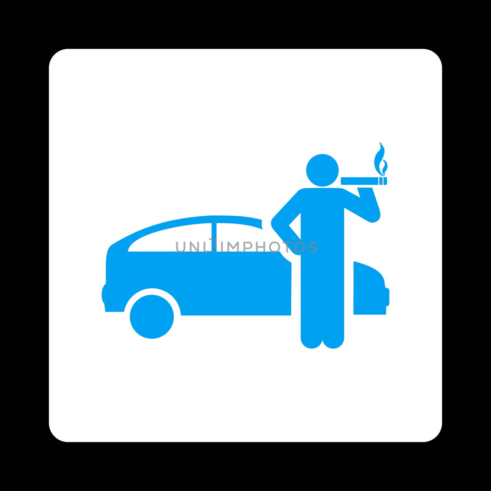 Smoking taxi driver icon. Glyph style is blue and white colors, flat rounded square button on a black background.