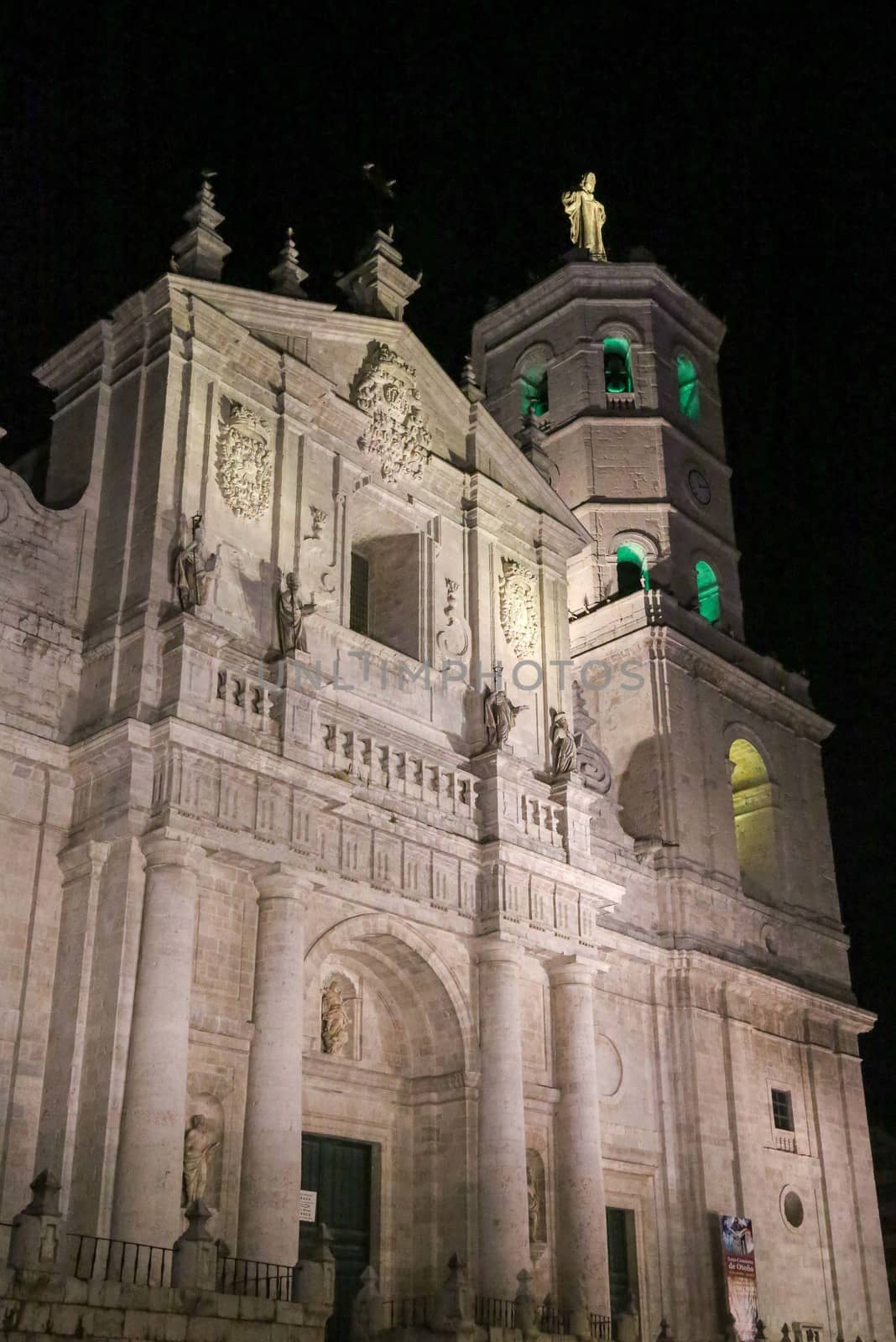 The illuminated Diocese church of Valladolid at night in Spain