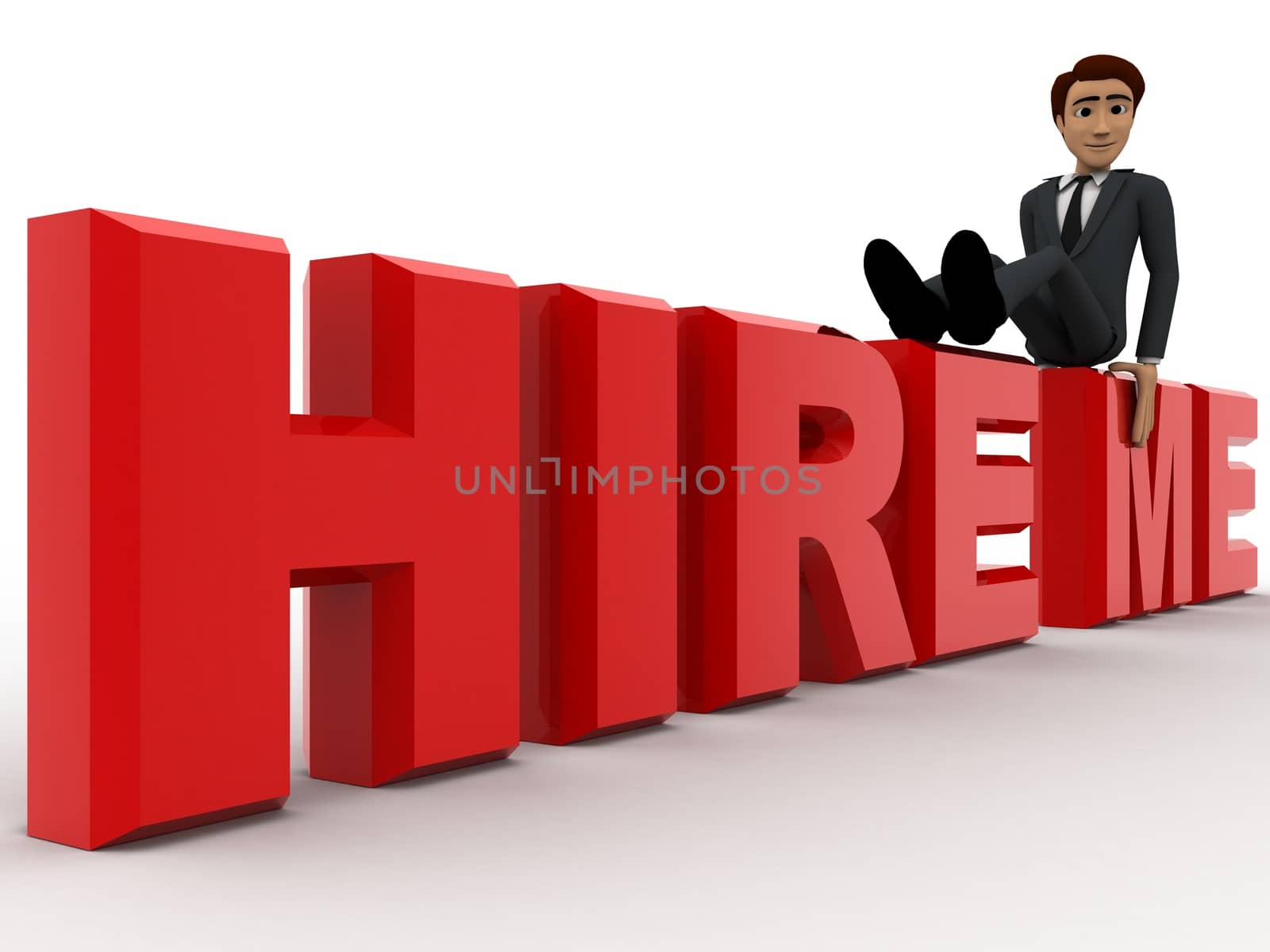 3d man sitting on hire me text concept on white background, left side angle view