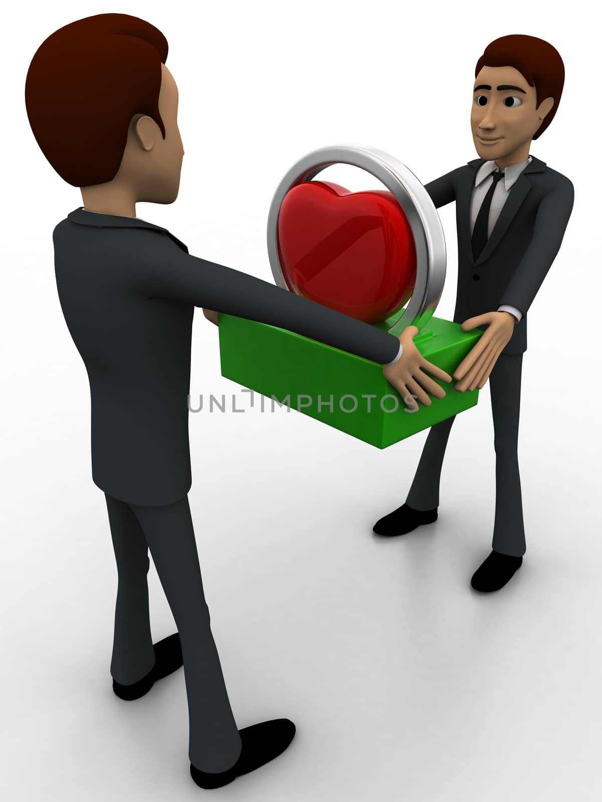 3d man giving heart to another man concept on white background, side angle view