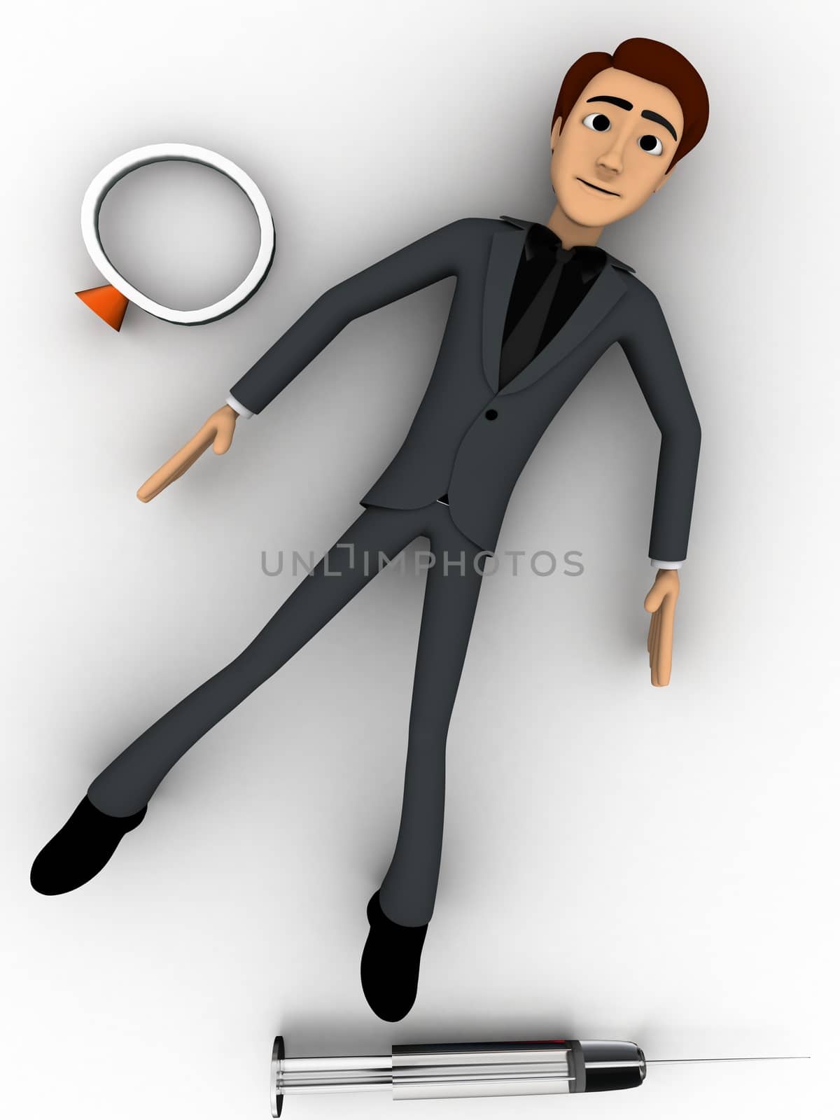 3d man lying on floor with injection and magnifying glass concept on white background, top angle view