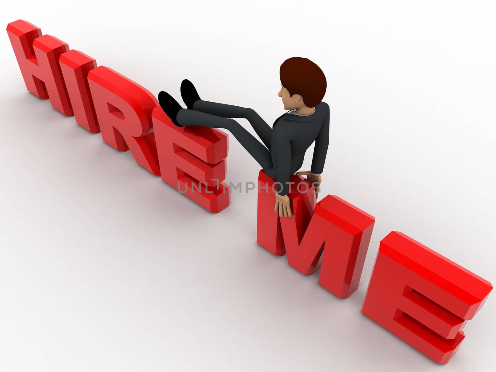 3d man sitting on hire me text concept on white background,  top angle view