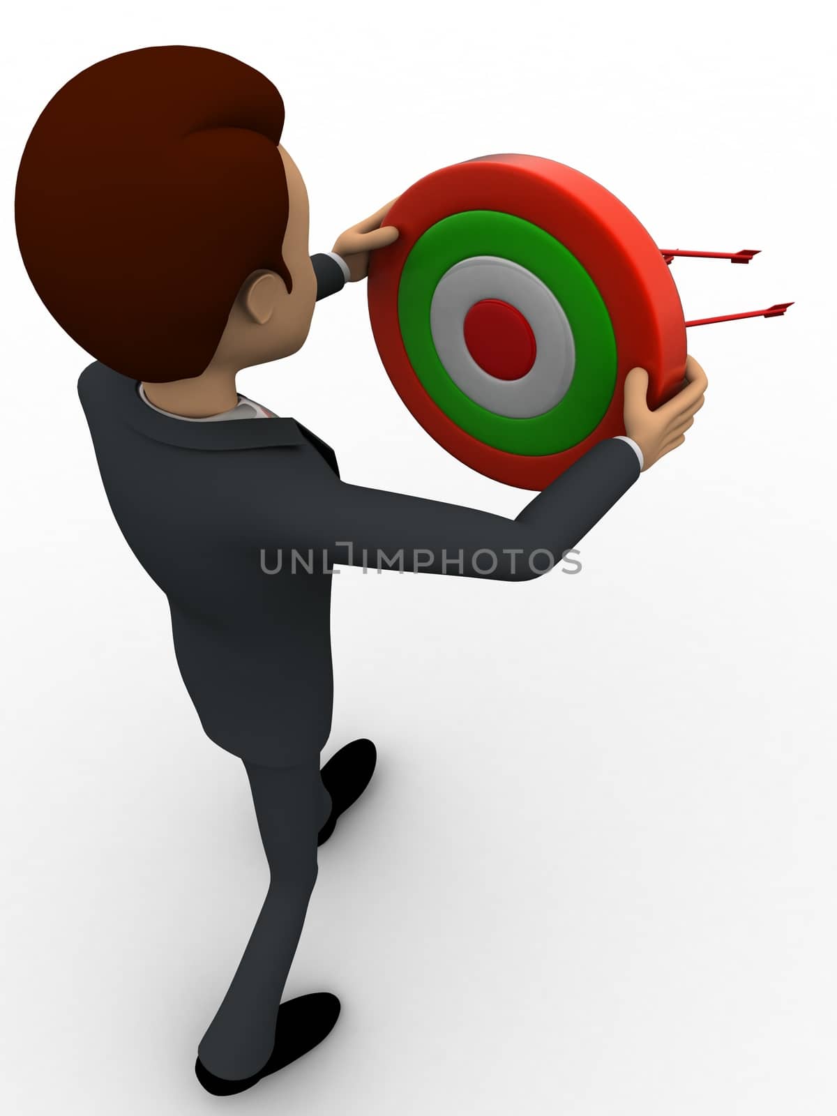 3d  man holding target board to aim on it concept on white background, back angle view