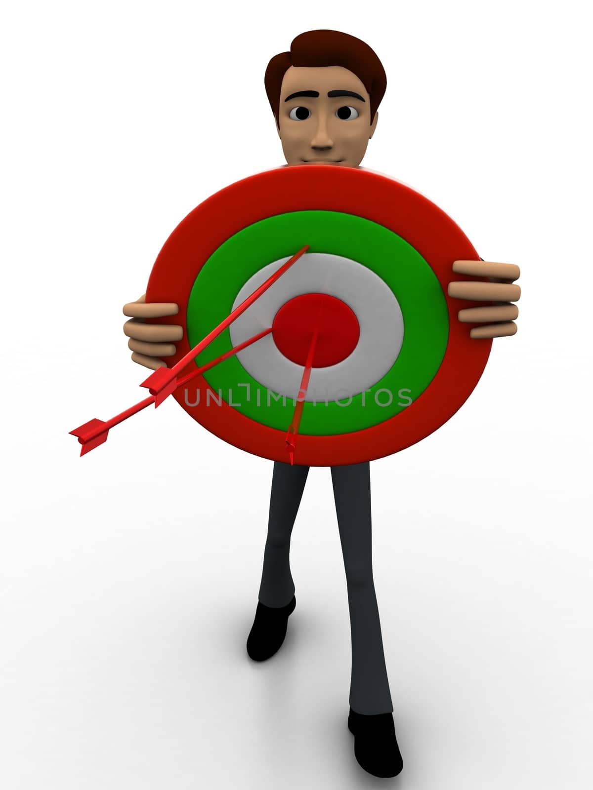 3d  man holding target board to aim on it concept on white background, front angle view