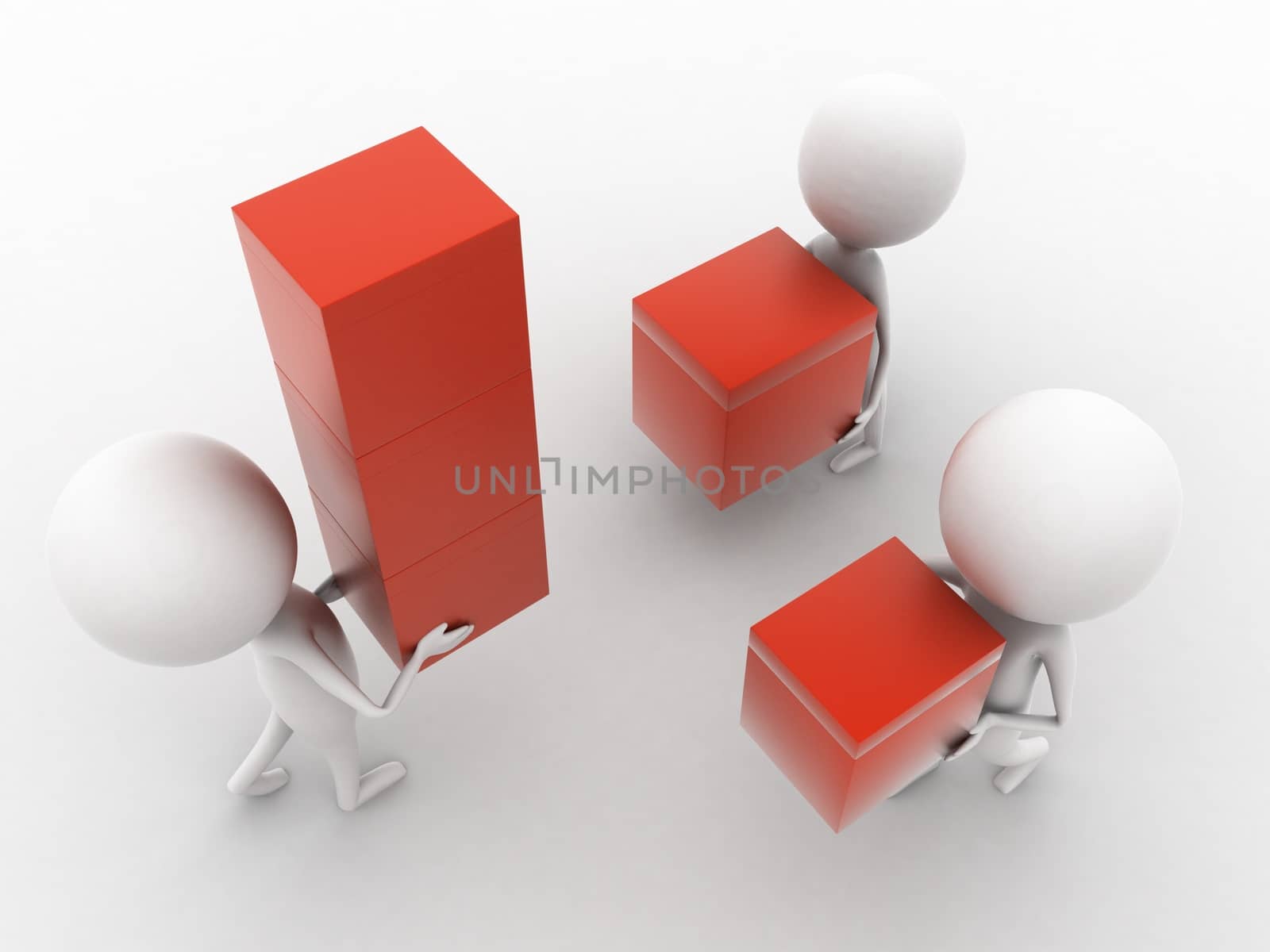 3d man carrying box concept  on white isolated background ,  top angle view 