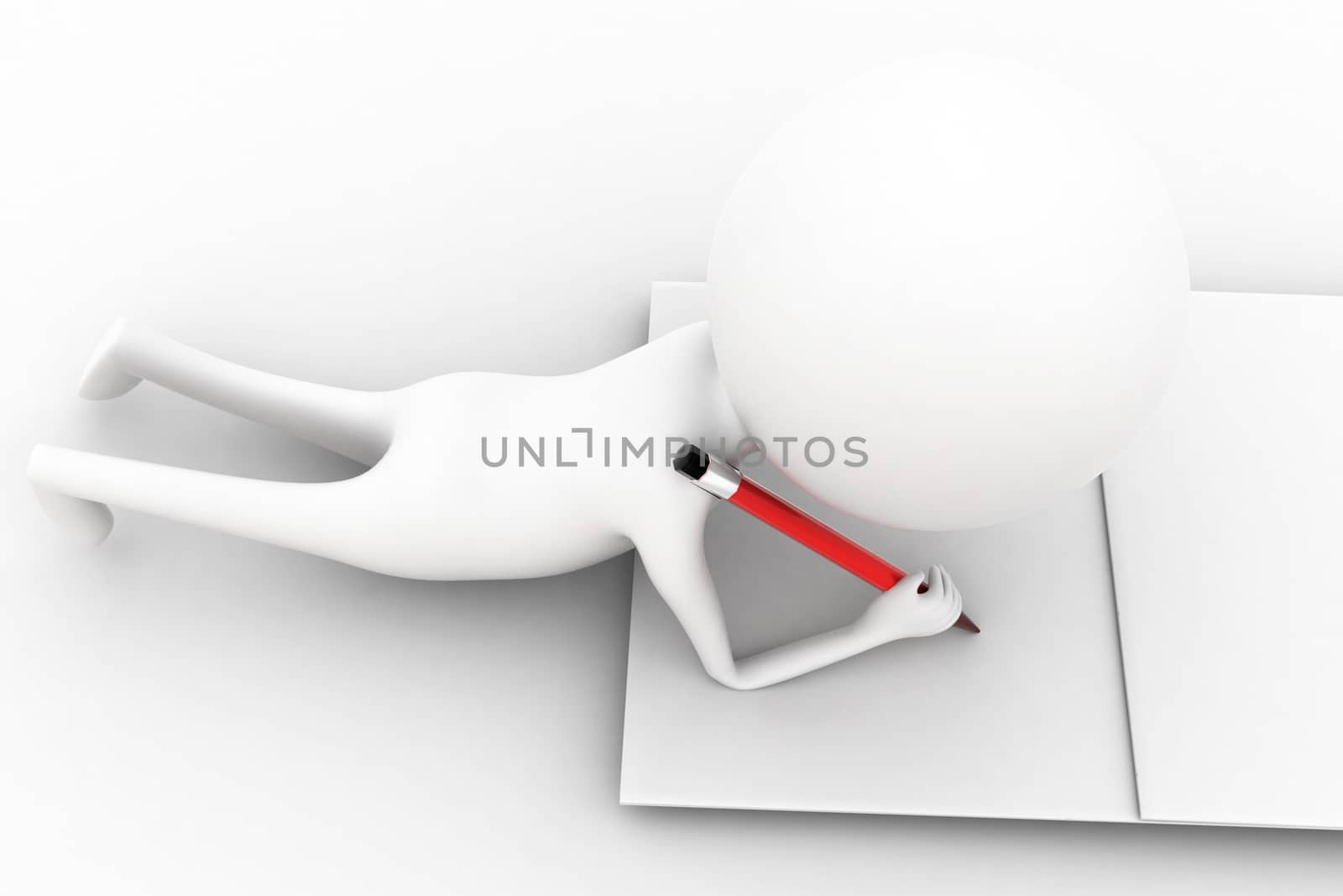 3d man writing with his pencil on paper concept  on white isolated background  , top angle view 