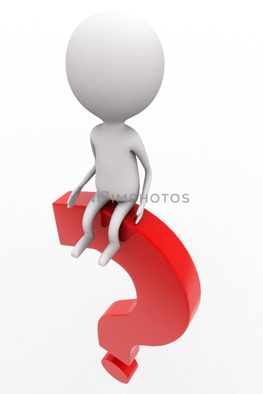 3d man sitting on question mark symbol concept on white isolated background , top angle view 