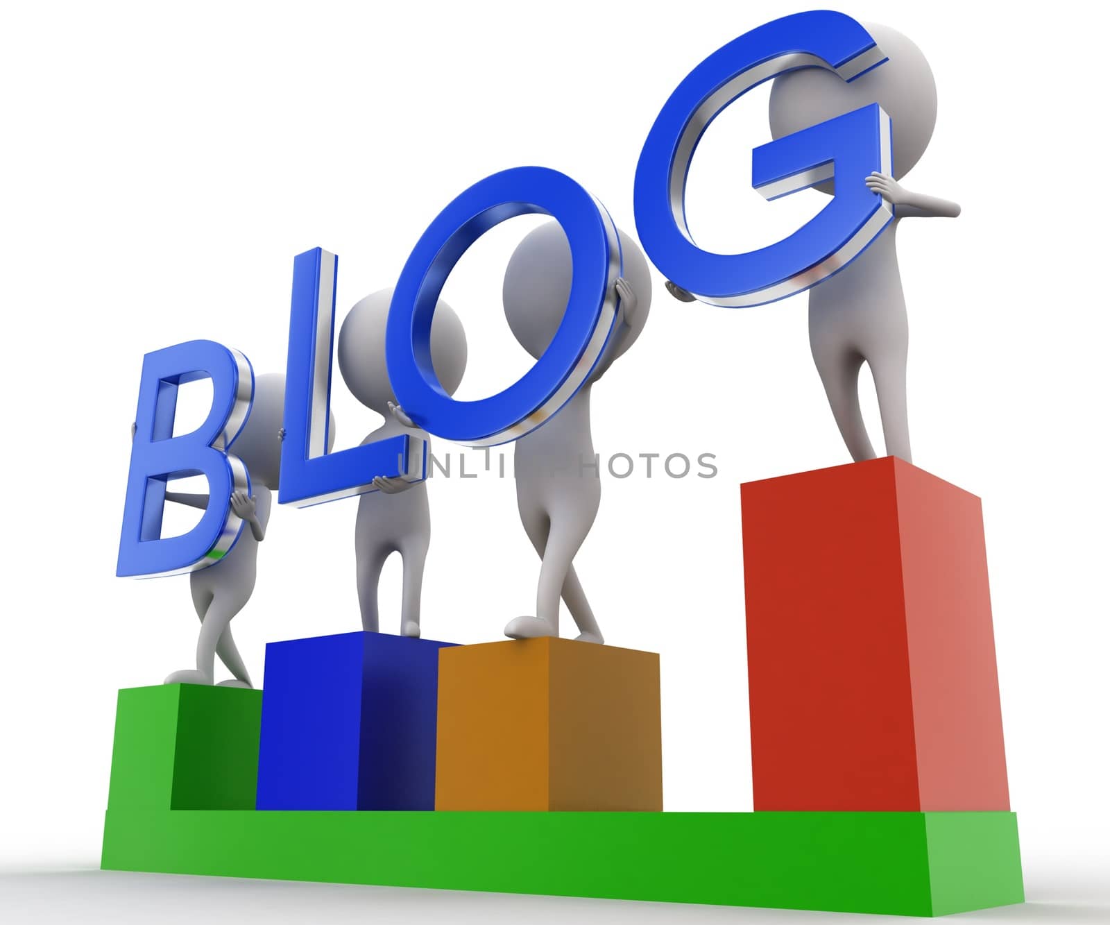 3d man presenting blog concept on white isolated background ,side angle view 