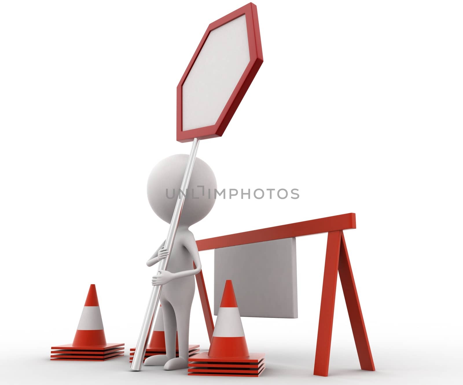 3d man presenting stop barrier / under construction concept  on white isolated background , side angle view 