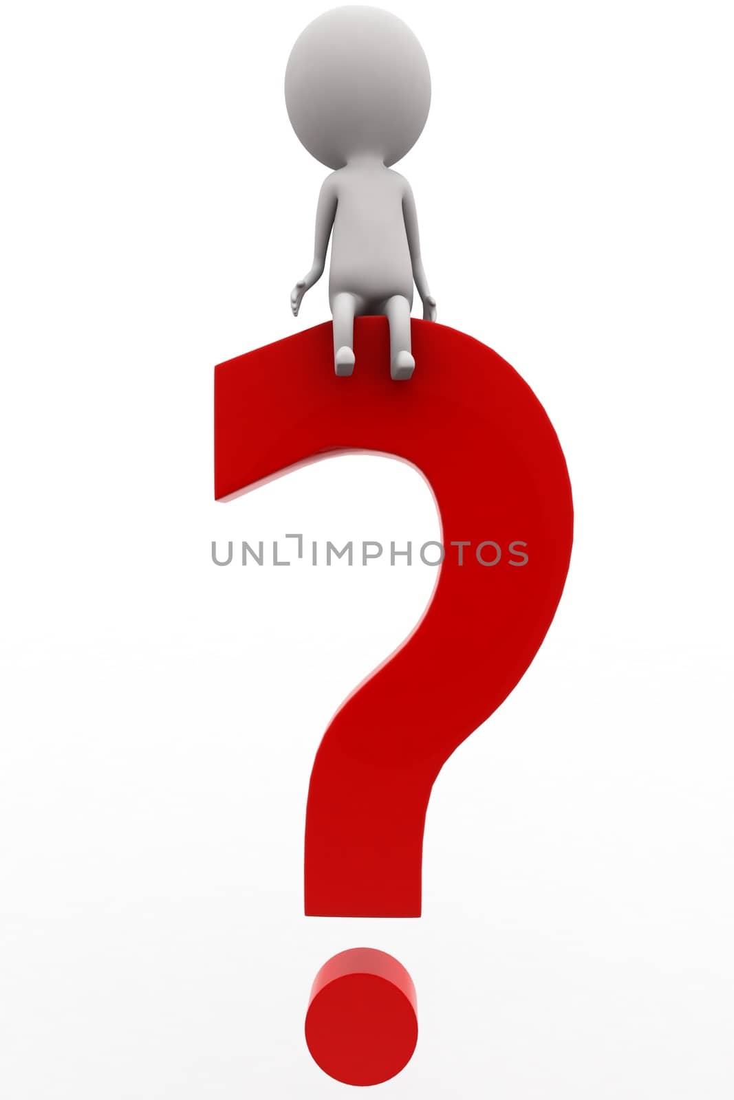 3d man sitting on question mark symbol concept on white isolated background , front angle view 