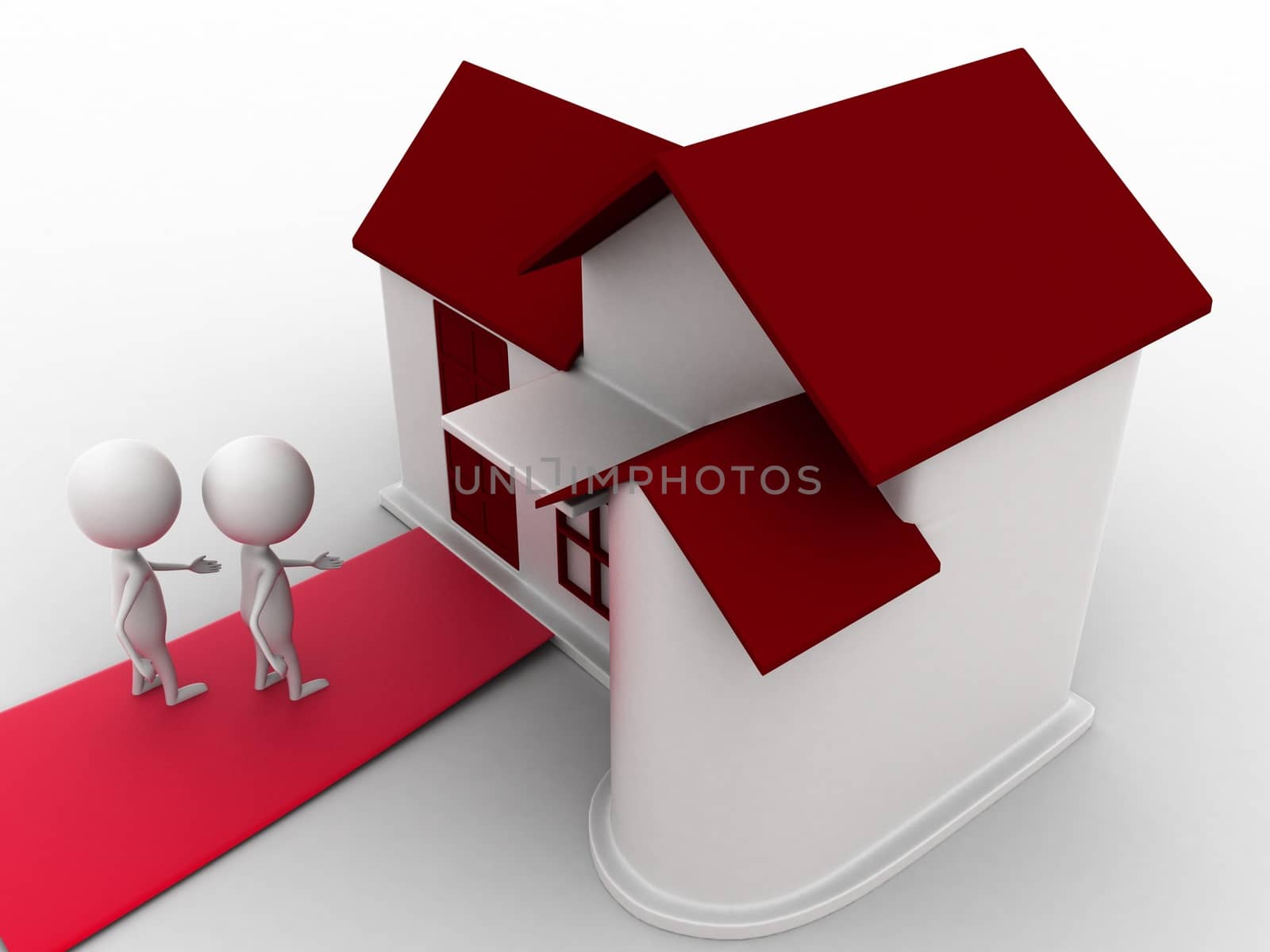 3d person entering house concept on white isolated background  , top angle view 