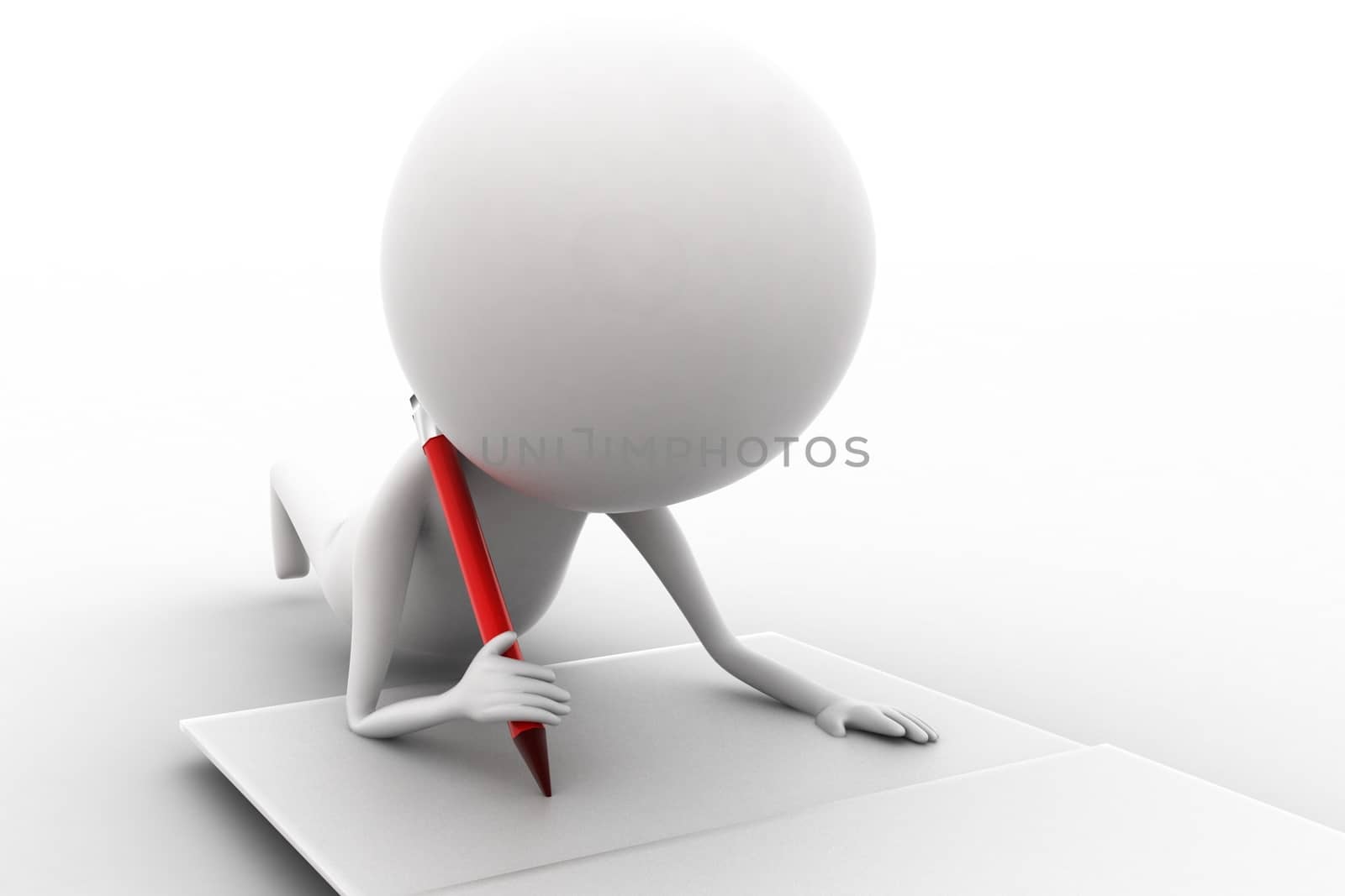 3d man writing with his pencil on paper concept  on white isolated background  , front angle view 