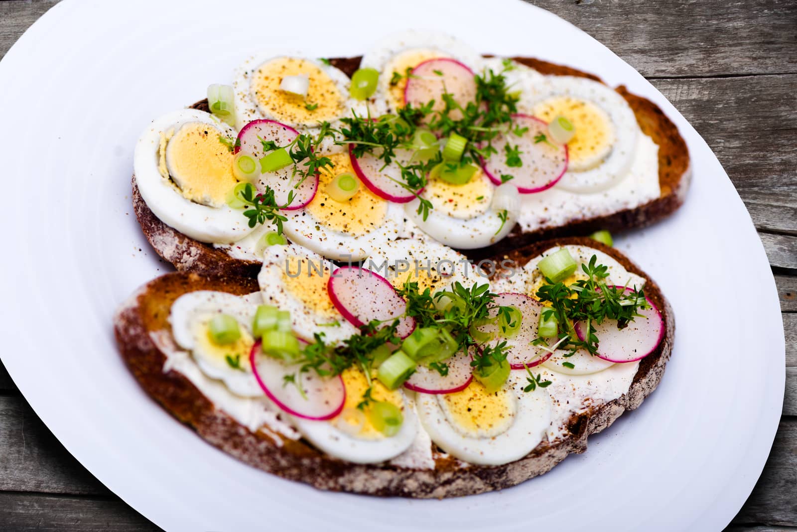 Healthy snack - wholemeal bread with egg and fresh cress and radishes