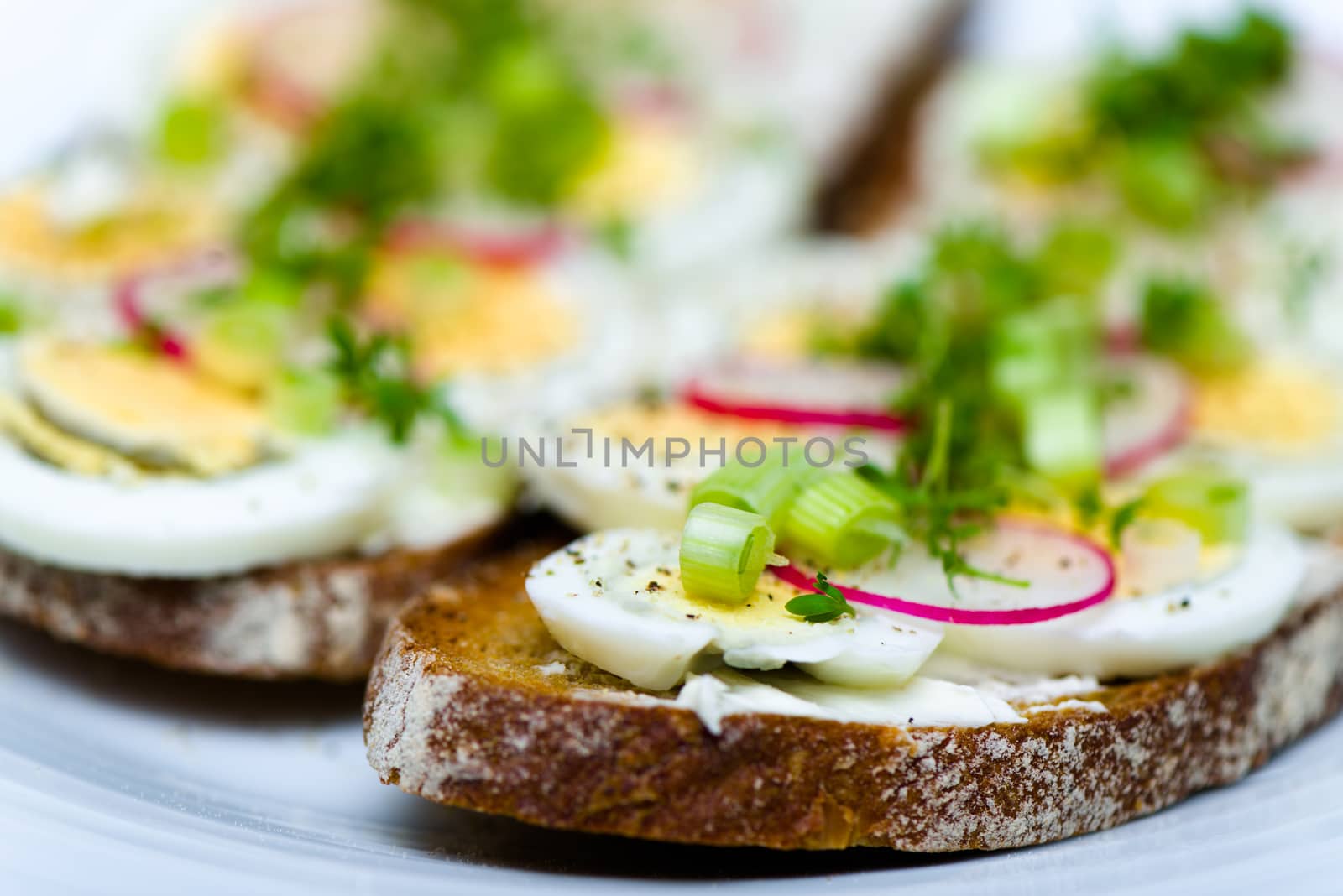 Healthy snack - wholemeal bread with egg and fresh cress and radishes