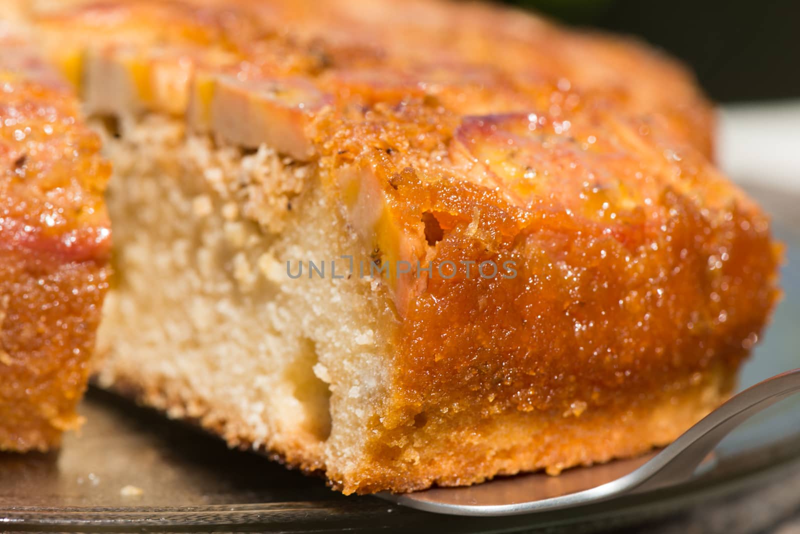 Upside down banana cake with coconut and caramel