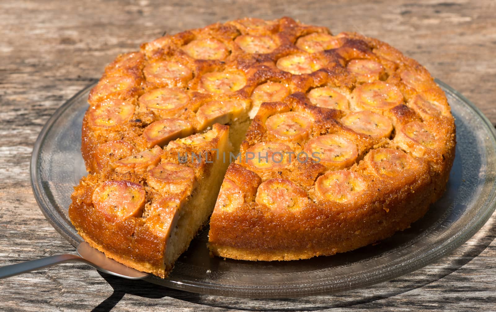 Upside down banana cake with coconut and caramel