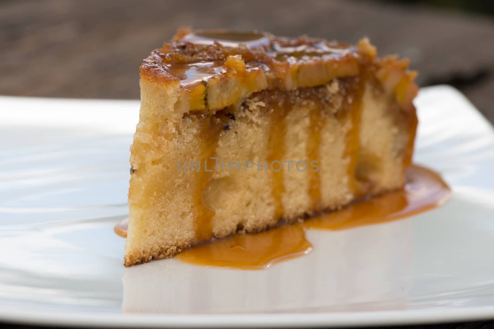 Upside down banana cake with coconut and caramel