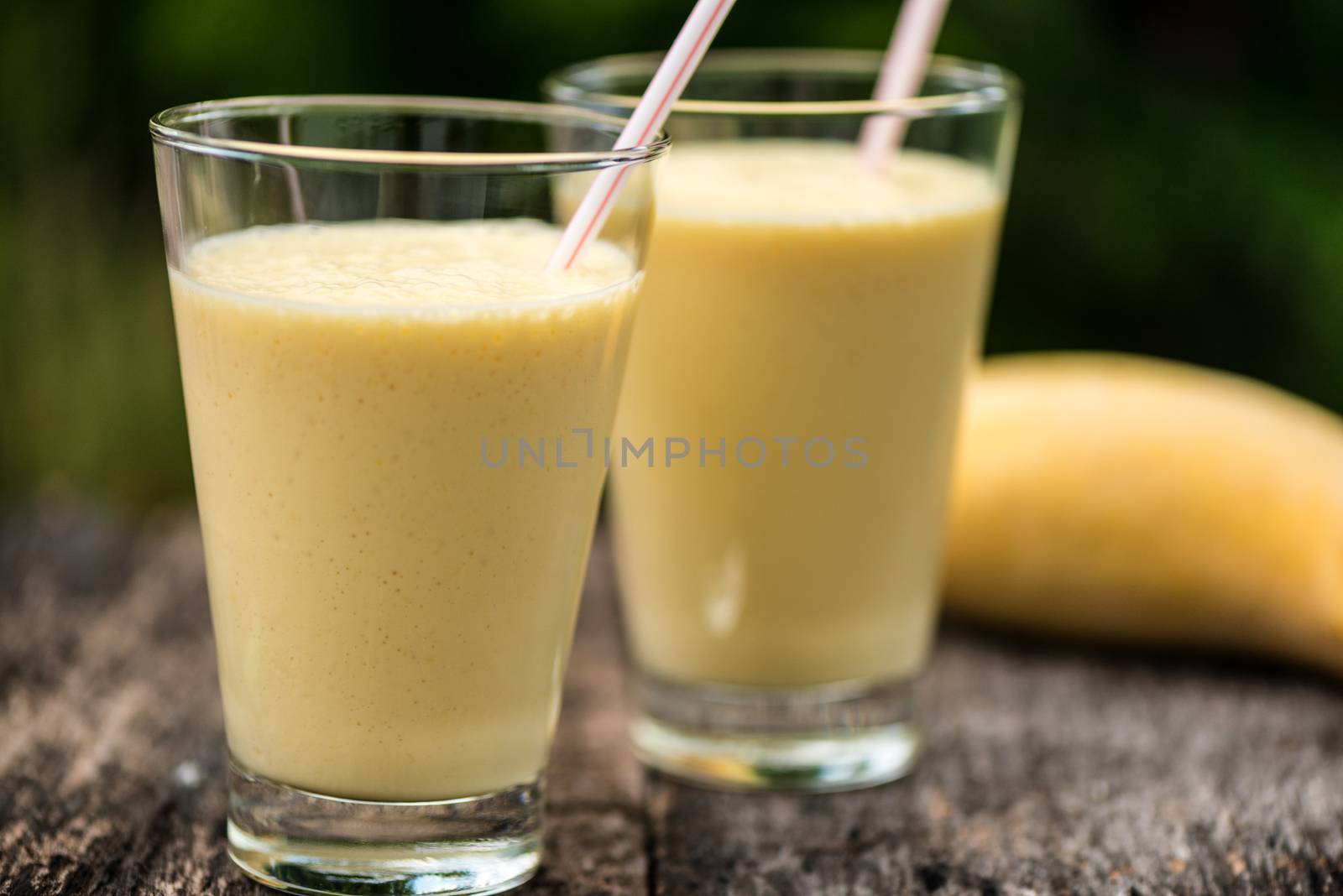 Fresh homemade mango  smoothie in a glass, served outside in a garden on a wood table