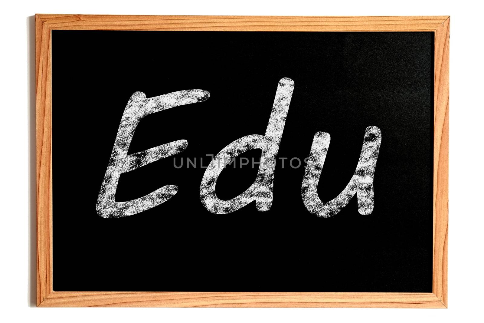 Edu Chalk Text on Chalkboard with Wooden Frame Isolated on White