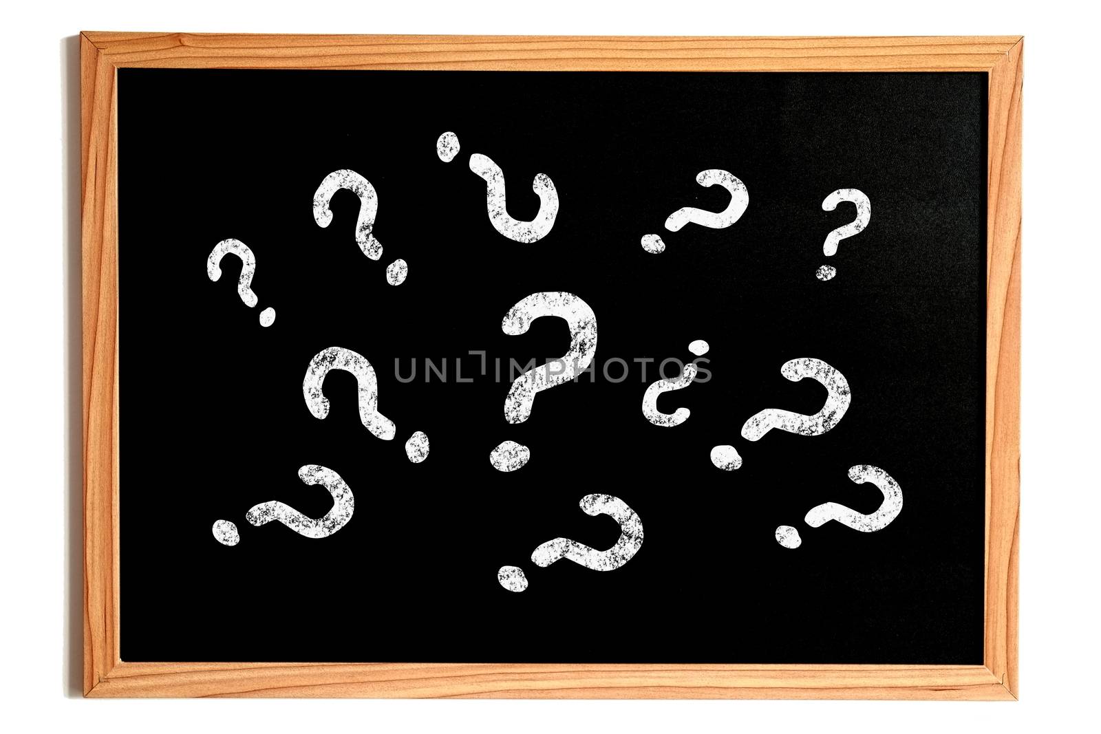 Many Chalk Question Marks Text on Chalkboard with Wooden Frame Isolated on White