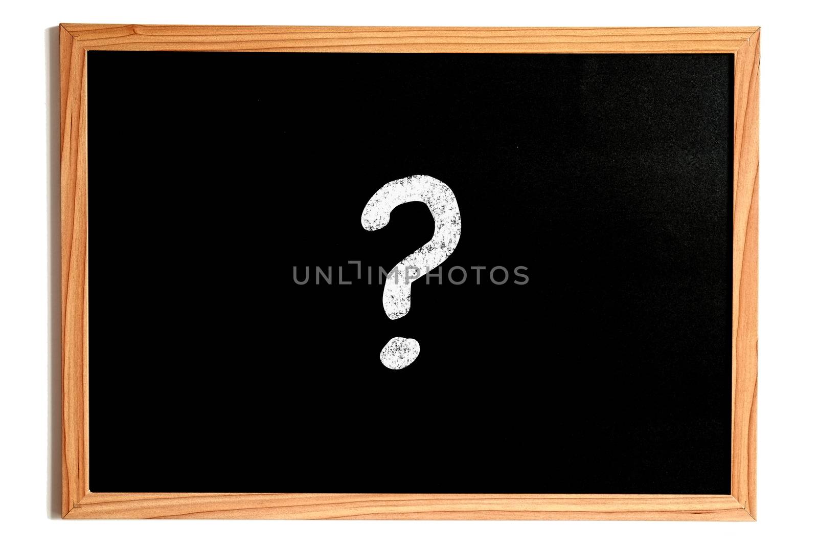 One Single Question Mark Chalk Text on Chalkboard with Wooden Frame Isolated on White